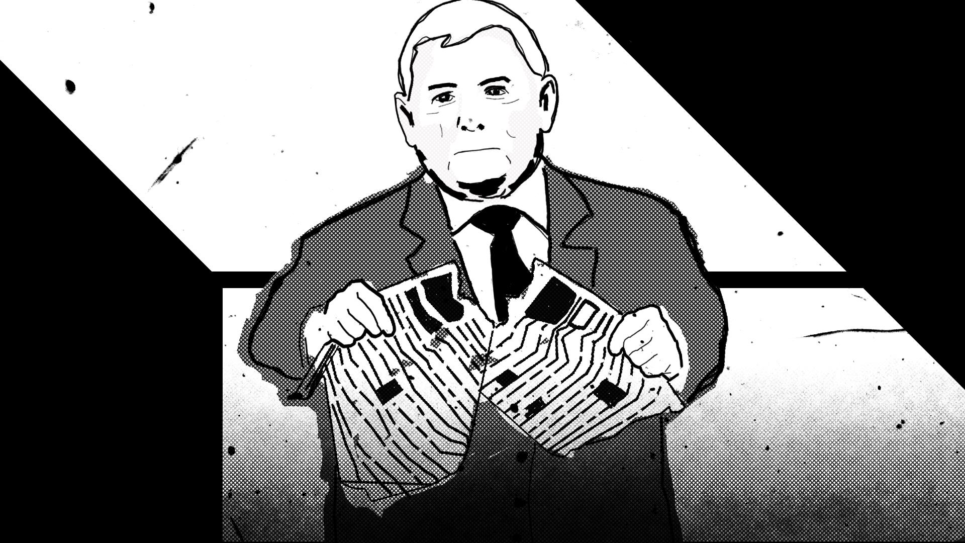Jarosław Kaczyński drący gazetę