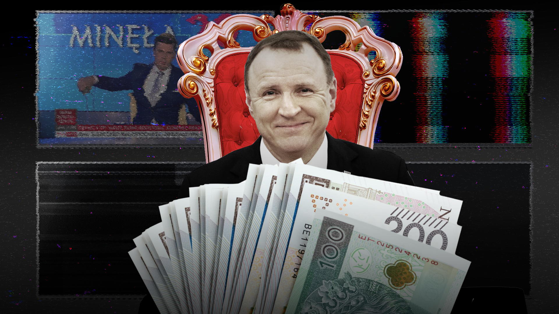 Prezes TVP Jacek Kursi siedzi na tronie otoczony pieniędzmi