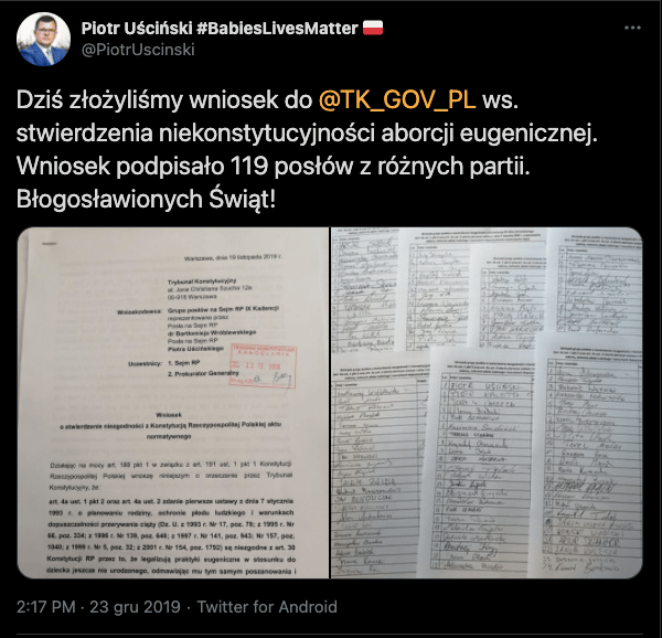 Tweet posła Uścińskiego z odręcznymi podpisami pod wnioskiem do TK ws. aborcji