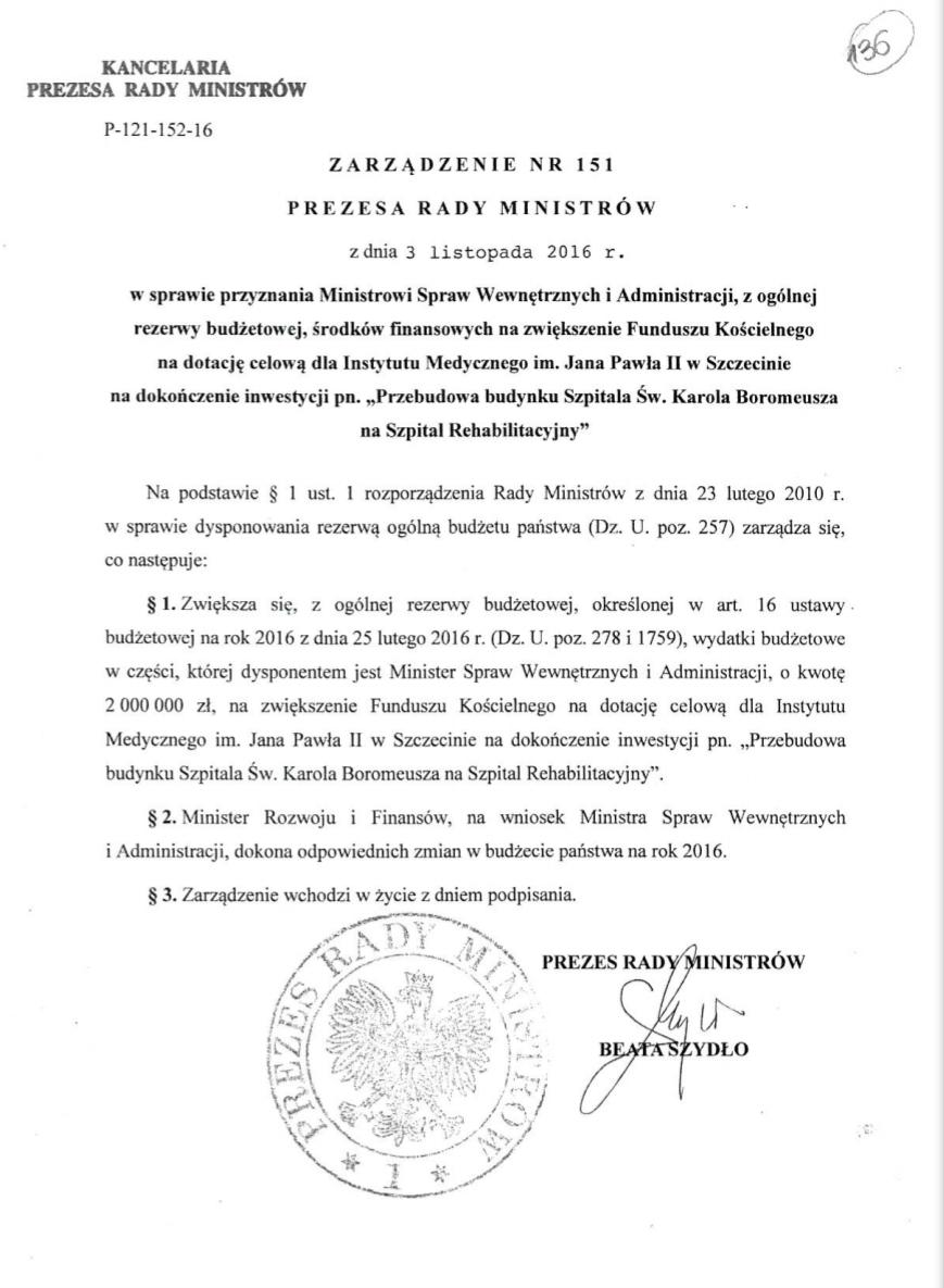 Zarządzenie premier Beaty Szydło w sprawie przyznania 2 milionów złotych na przebudowę szpitala kierowanego przez ks. Andrzeja Dymera.
