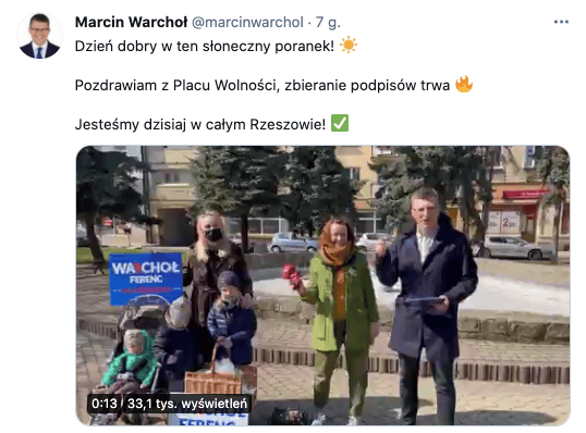 Marcin Warchoł na Placu Wolności w Rzeszowie, z rodziną, bez maseczki, 27 marca 2021, źródło: profil na Twitterze Marcina Warchoła