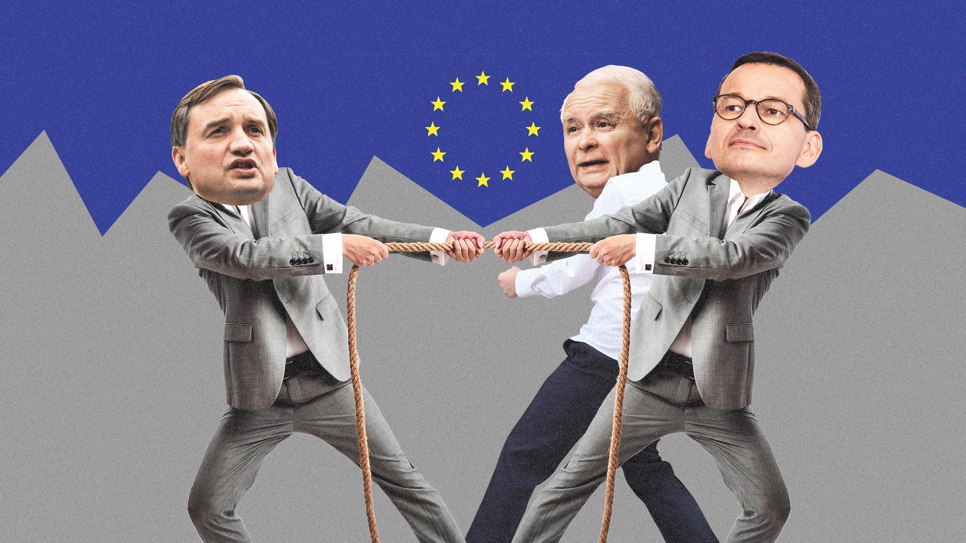 Zbigniew Ziobro, Jarosław Kaczyński i Mateusz Morawiecki przeciągają linę
