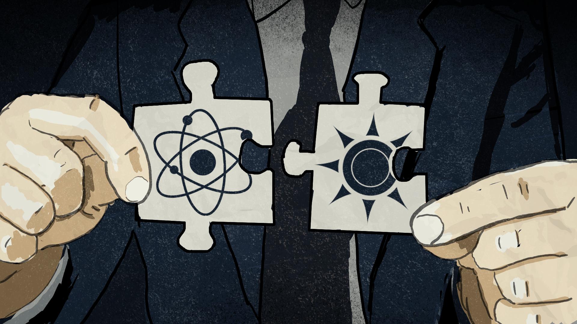 Dwa puzzle z symbolami atomu i energii odnawialnej