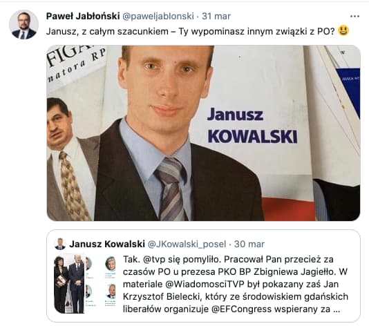 Janusz, Ty wypominasz innym związki z PO?" wiceminister Paweł Jabłoński do byłego wiceministra Janusza Kowalskiego, kłótnie w koalicji rządzącej, źródło: Twitter