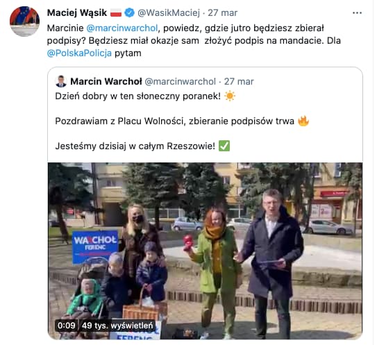 Maciej Wąsik do Marcina Warchoła: "Dla policji pytam", 27 marca 2021, źródło: Twitter