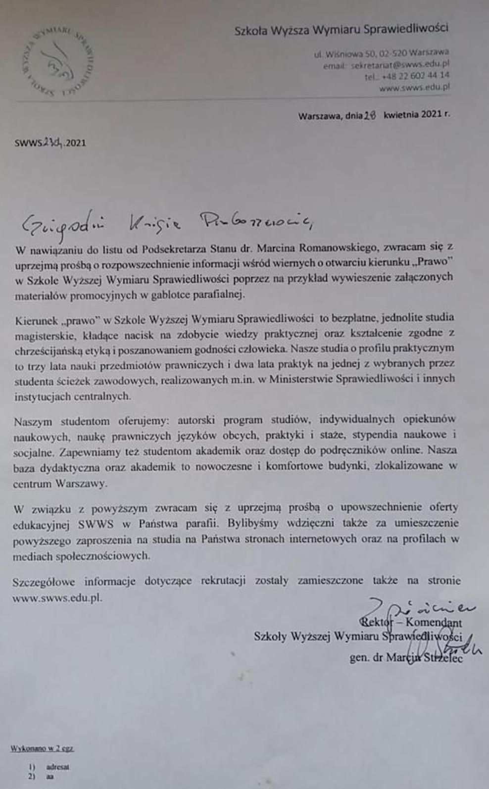 Gen. dr Marcin Strzelec, rektor Szkoły Wyższej Wymiaru Sprawiedliwości pisze do proboszczów z prośbą o pomoc w rekrutacji.