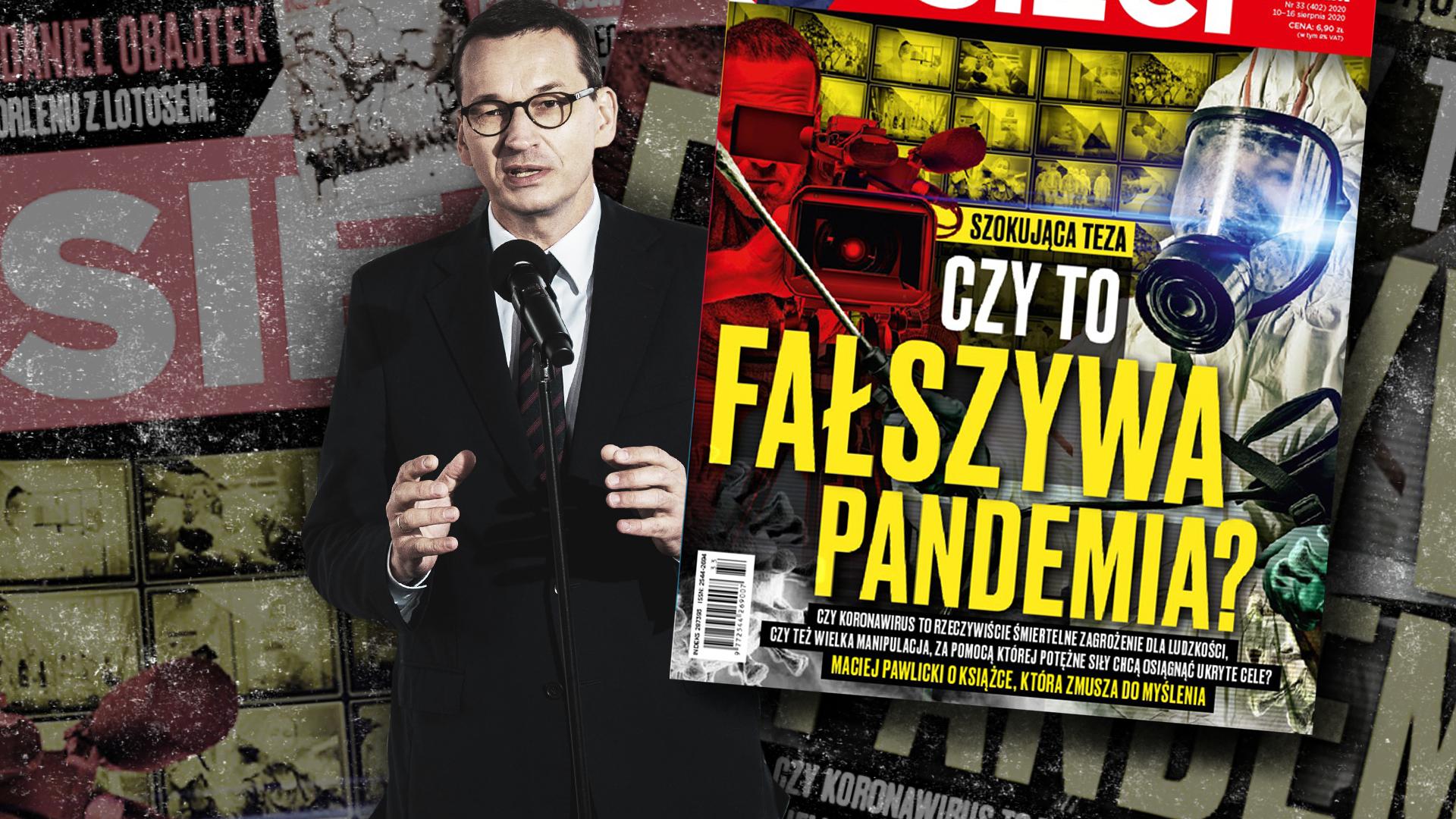 Mateusz Morawiecki z okładką tygodnika "wSieci" z tytułem: "Czy to fałszywa pandemia?"