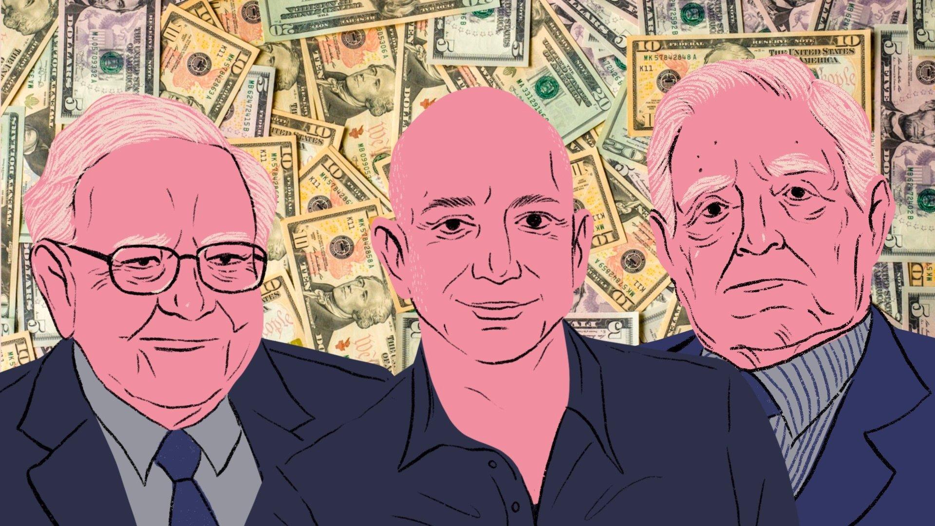 Ilustracja przedstawiająca miliarderów, m.in. Jeffa Bezosa