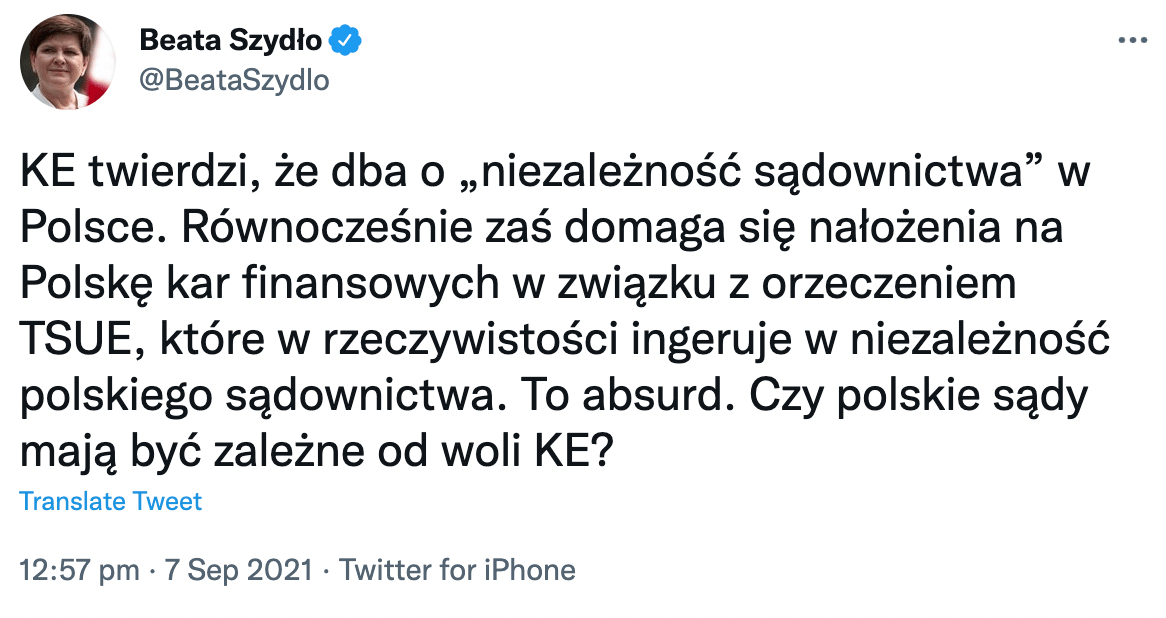 Tweet Beaty Szydło o karach finansowych od KE