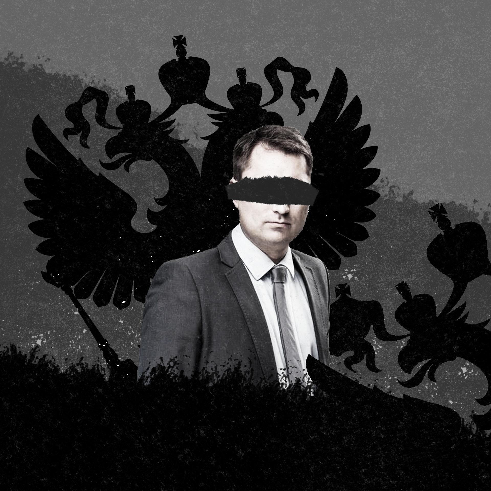 ilustracja: Janusz N. (twarz zasłonięta) na tle orła z rosyjskiego godła
