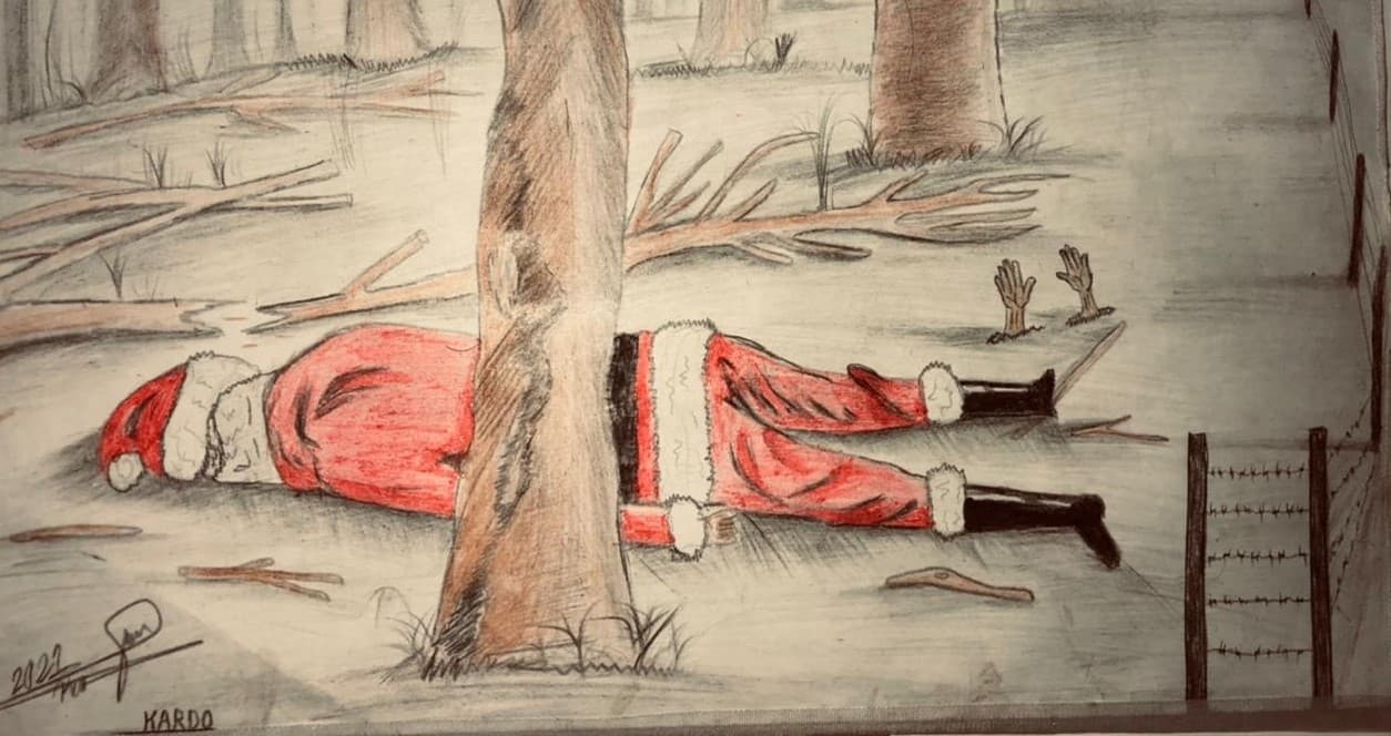 Św. Mikołaj w tradycyjnym stroju leży twarzą na ziemi, rysunek