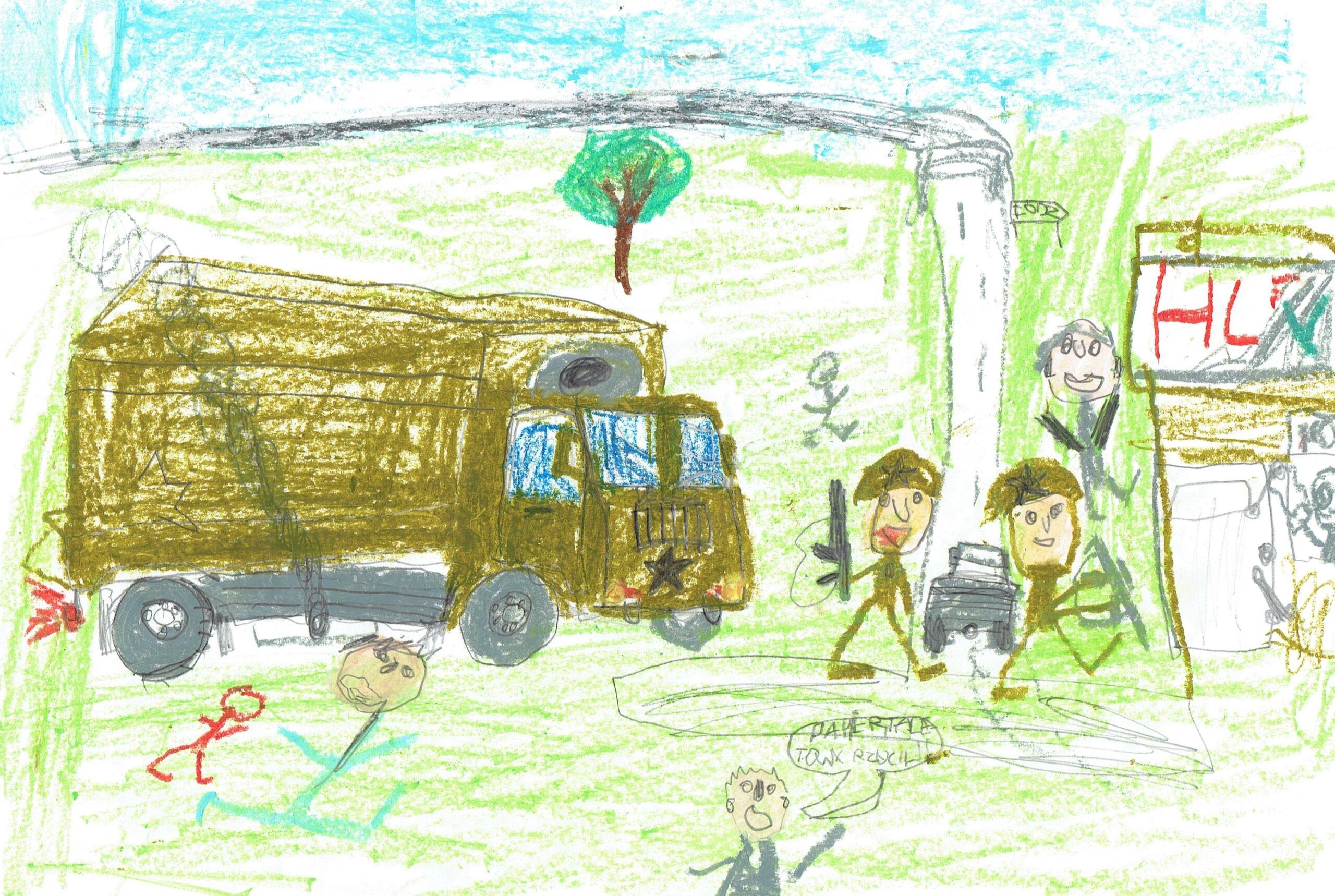 Rysunek dziecięcy z wojskową ciężarówką