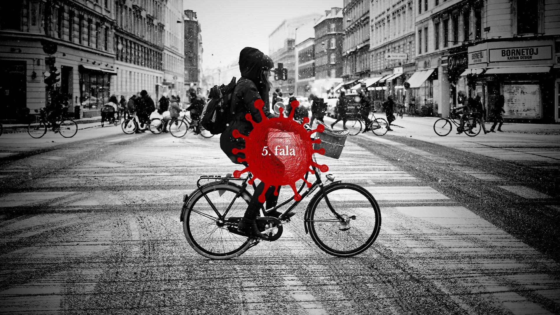 Grafika z sywetką rowerzysty i napisem "5 fala"