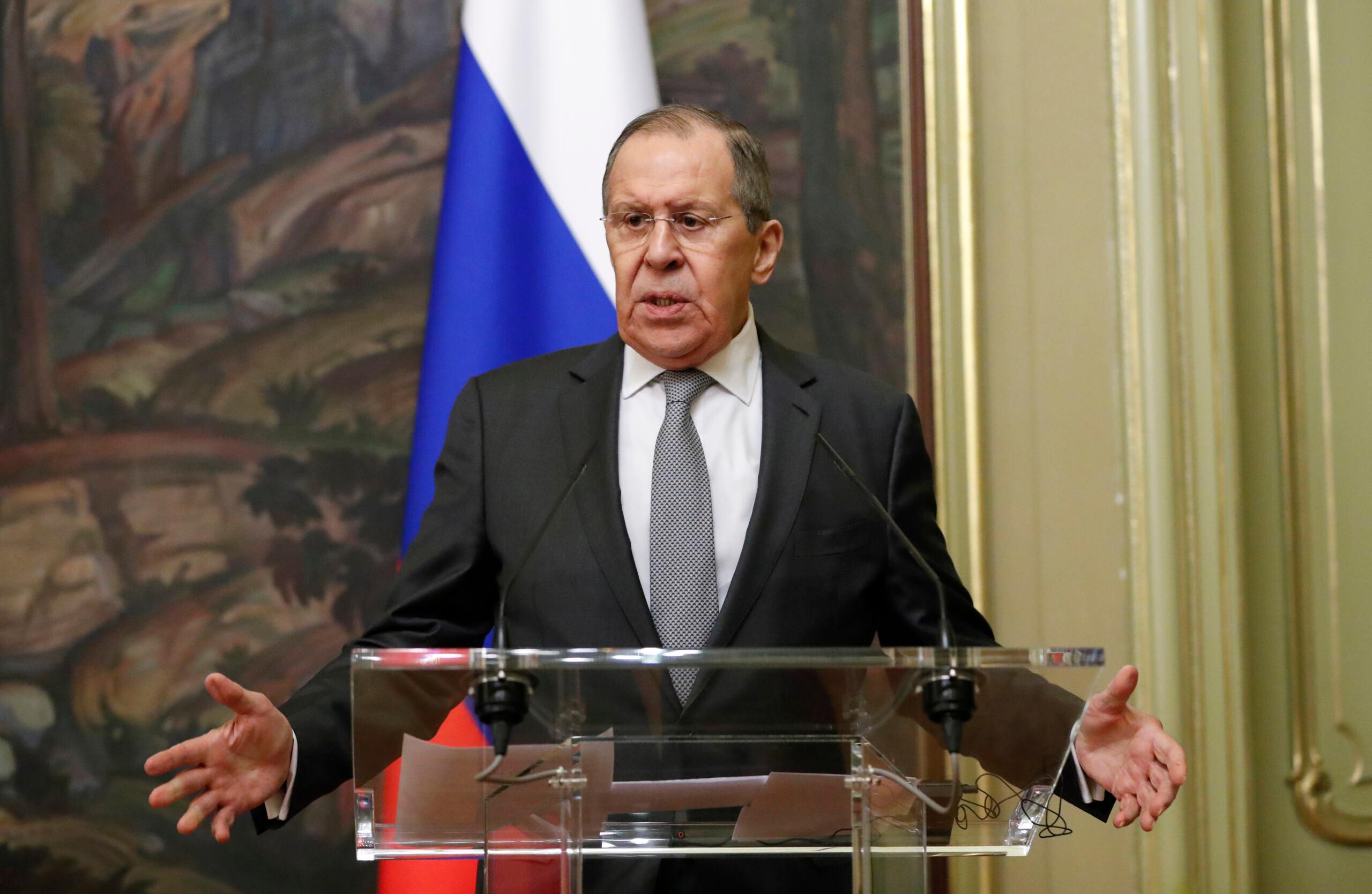 Russian Foreign Minister Sergei Lavrov gestures during a press conference following talks with his Italian counterpart in Moscow, on February 17, 2022. (Photo by SHAMIL ZHUMATOV / POOL / AFP)