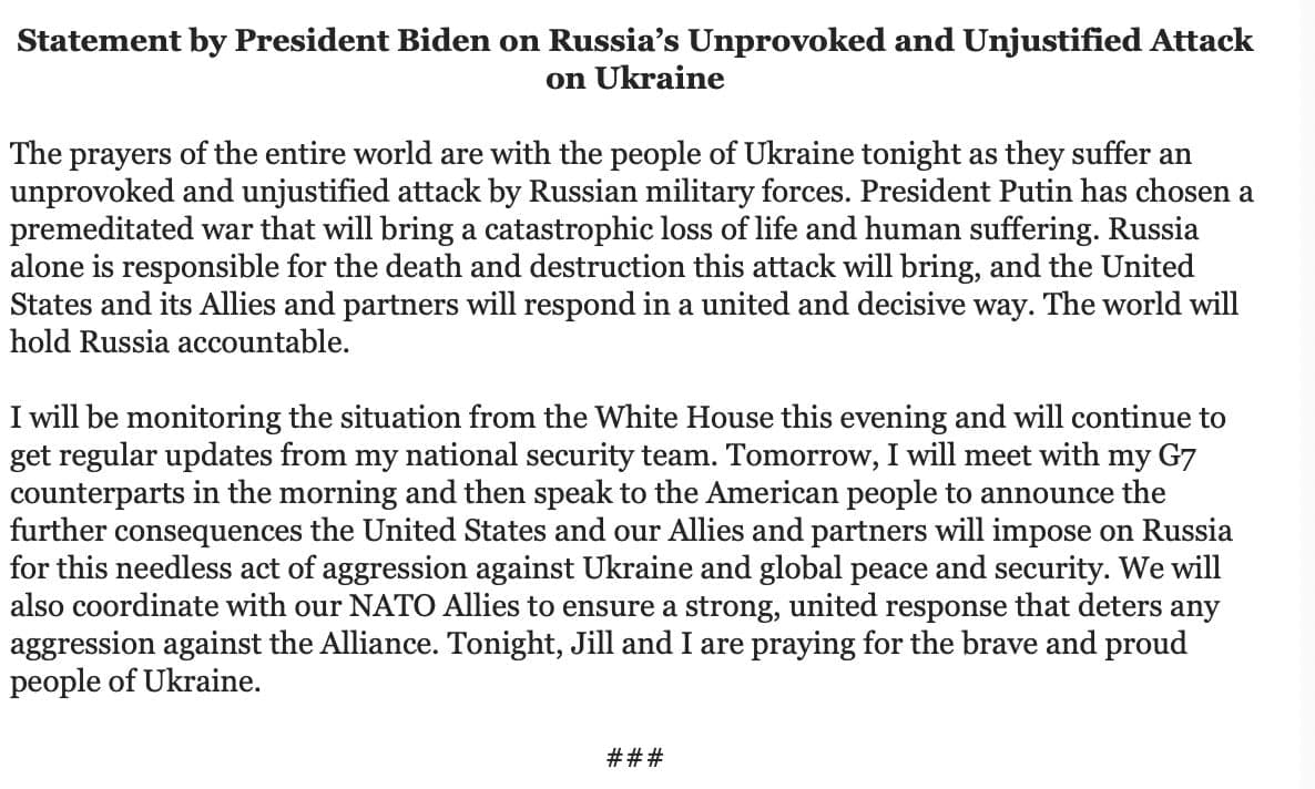 Oświadczenie Joe Bidena po ataku Rosji na Ukrainę