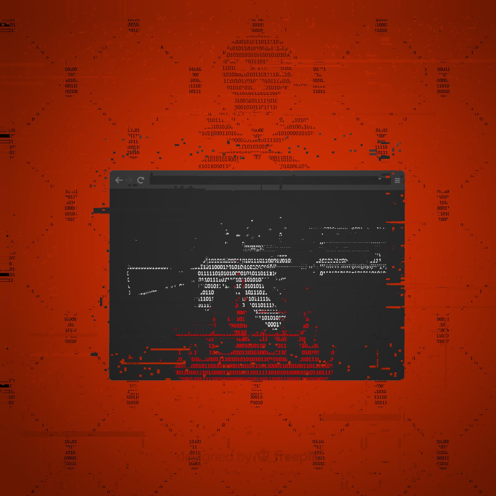 Okno przeglądarki internetowej, w nim kształt karabinu AK-47 oraz płomieni złożony z zer i jedynek