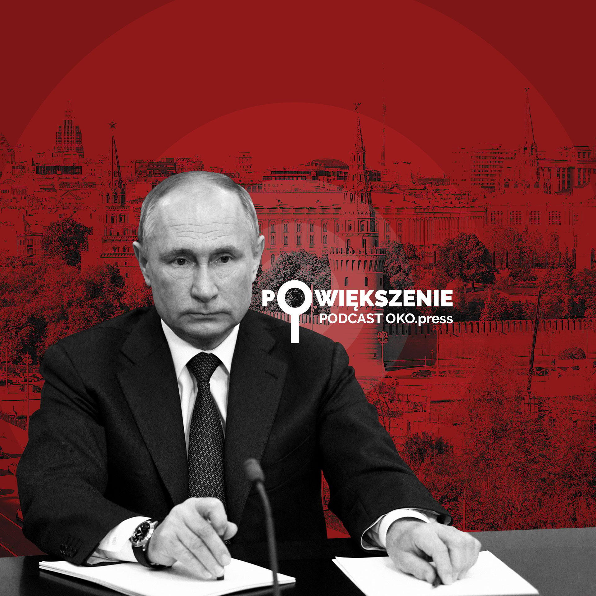 Kolaż: smutny Władimir Putin na tle kremla