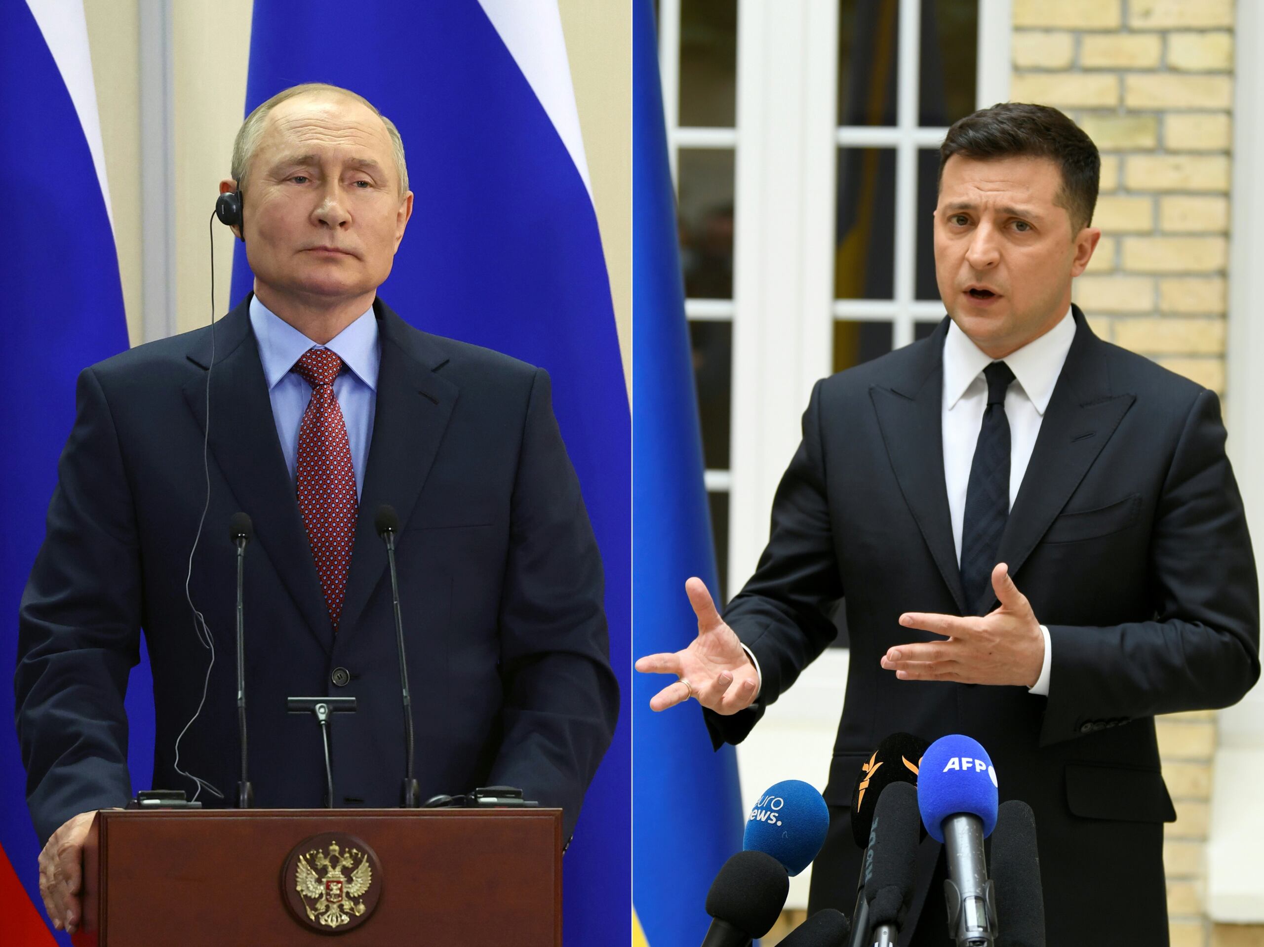 Władimir Putin i Wołodymyr Zełensky stojący przy mikrofonach na konferencji prasowej
