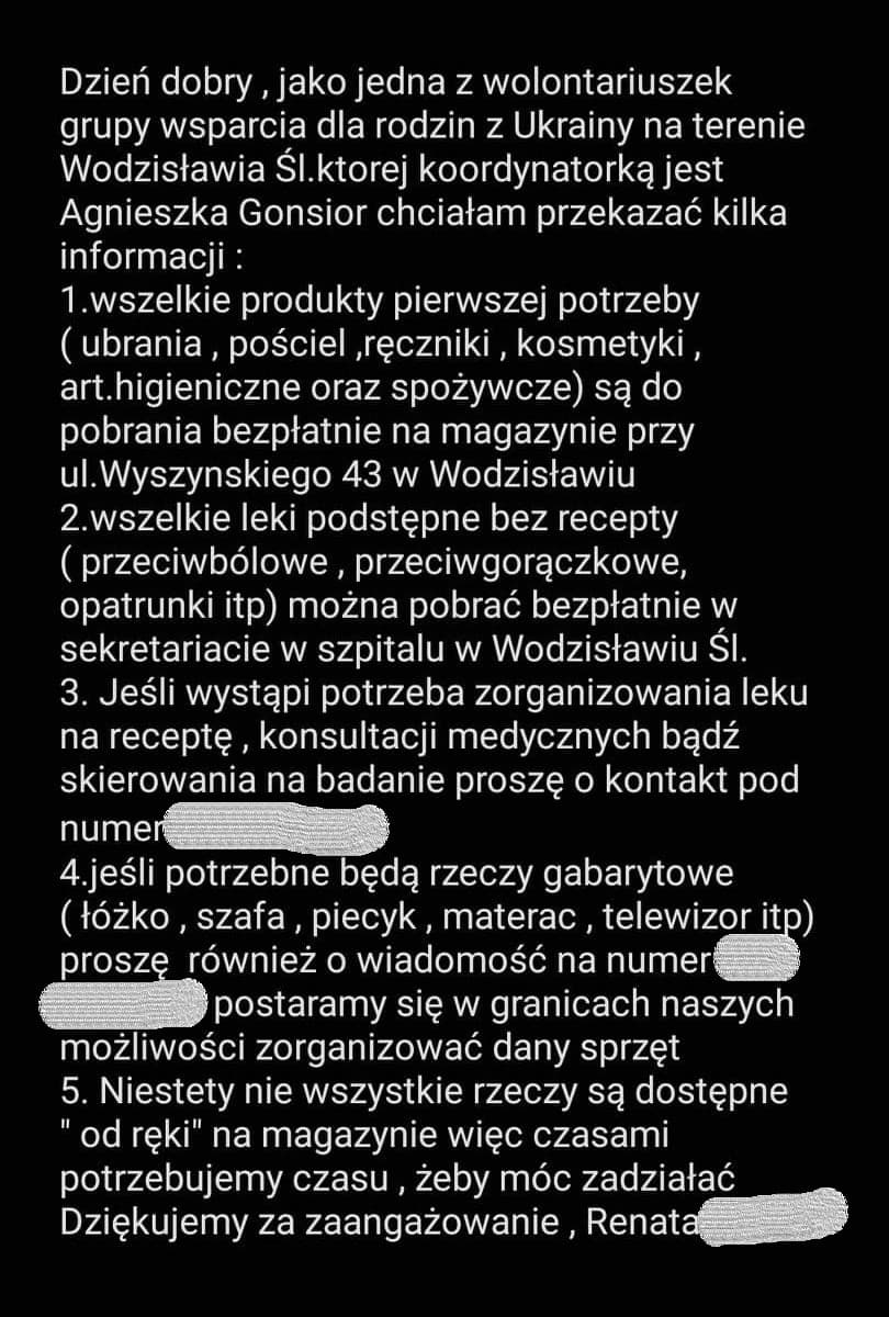 SMS z inforkacjami, gdzie pomagający mogą znaleźć pomoc w Wodzisławmiu