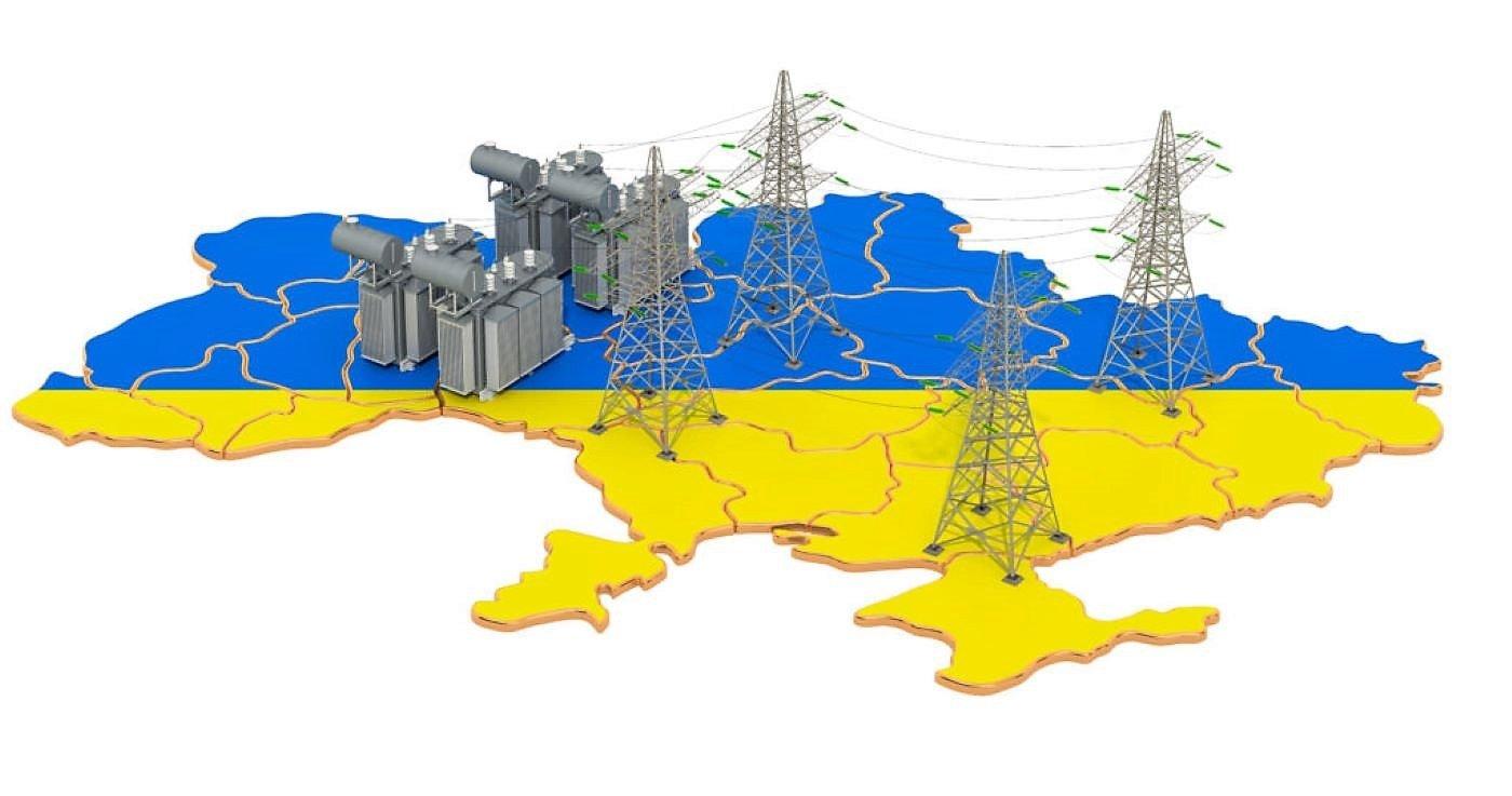 Mapa Ukrainy pomalowana pół na niebiesko i pół na żólto, na mapie natrysowano elektronie i słupy przesyłowe