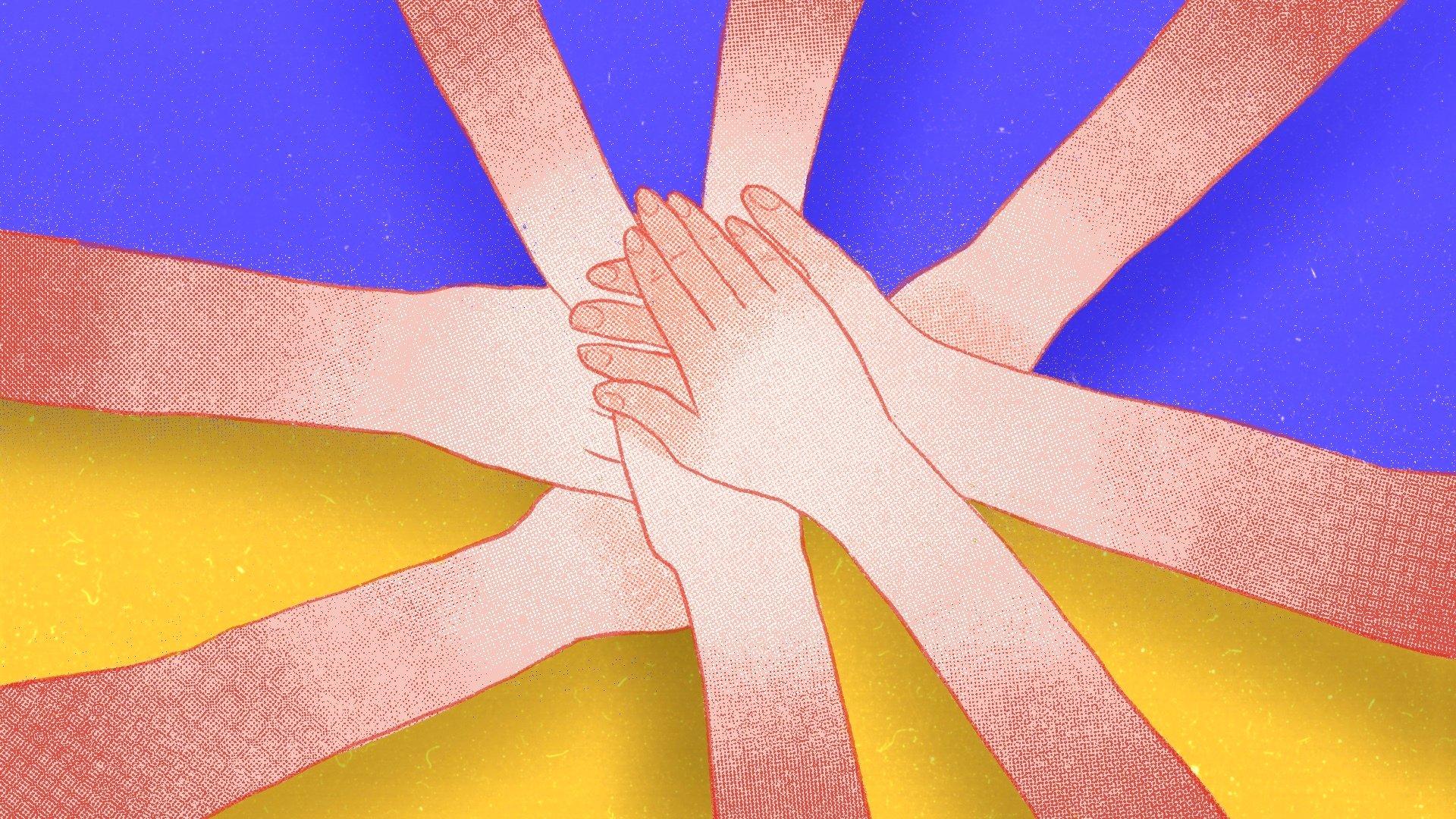 Grafika: na niebiesko-żółtym tle osiem rąk w uścisku