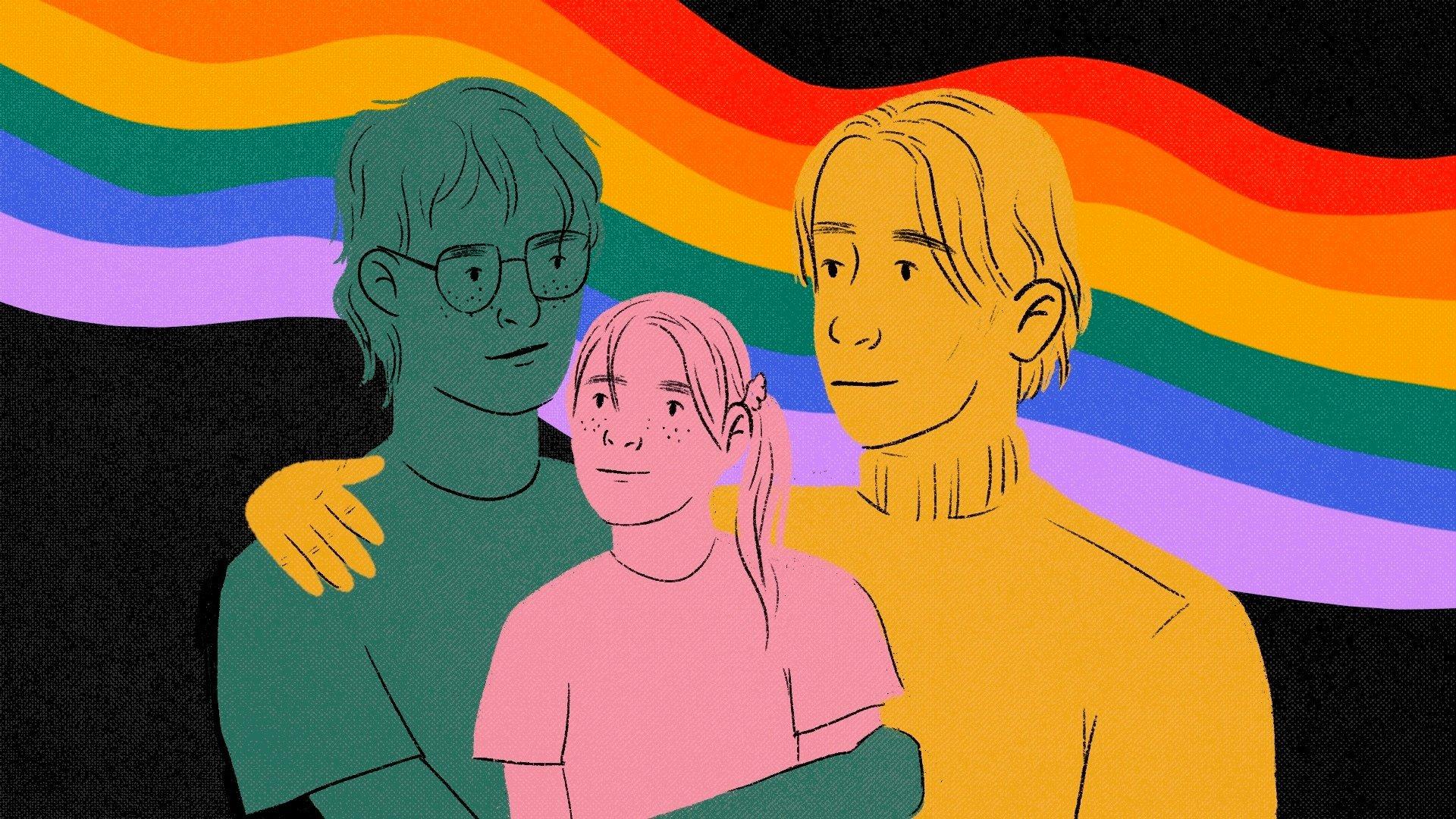 Famille arc-en-ciel sur le fond du drapeau LGBT