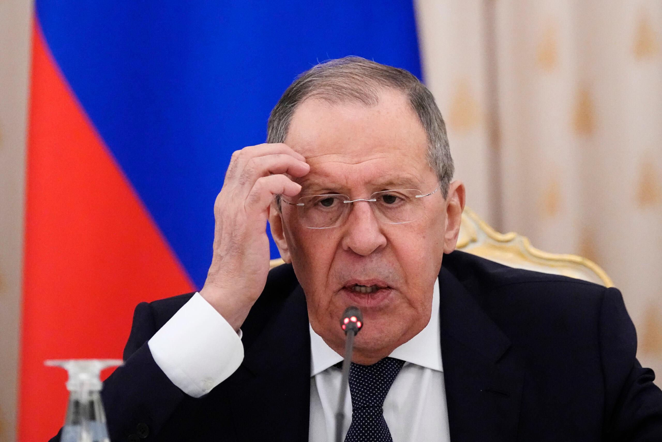 Rosyjski minister spraw zagranicznych Siergiej Ławrow weźmie udział w konferencji prasowej po rozmowach przedstawicieli państw Ligi Arabskiej z rosyjskim ministrem spraw zagranicznych w Moskwie 4 kwietnia 2022 r.