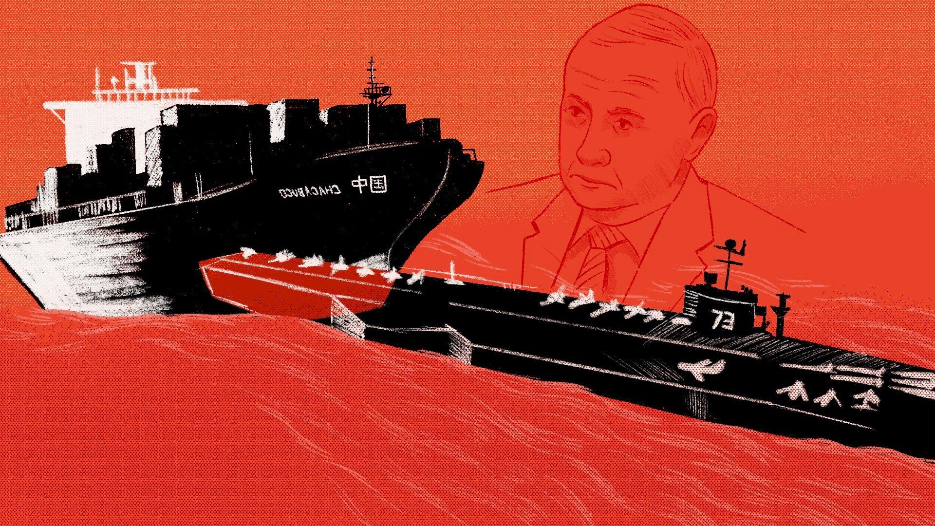rysunek przedstawiający okręt wojenny uderzający w statek transportowy i Putina w tle