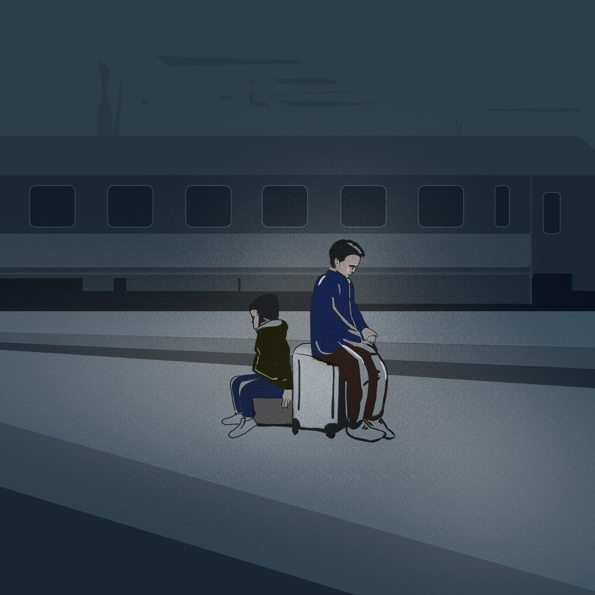 Ilustracja - dwójka smutnych chłopców siedzących na walizkach na peronie