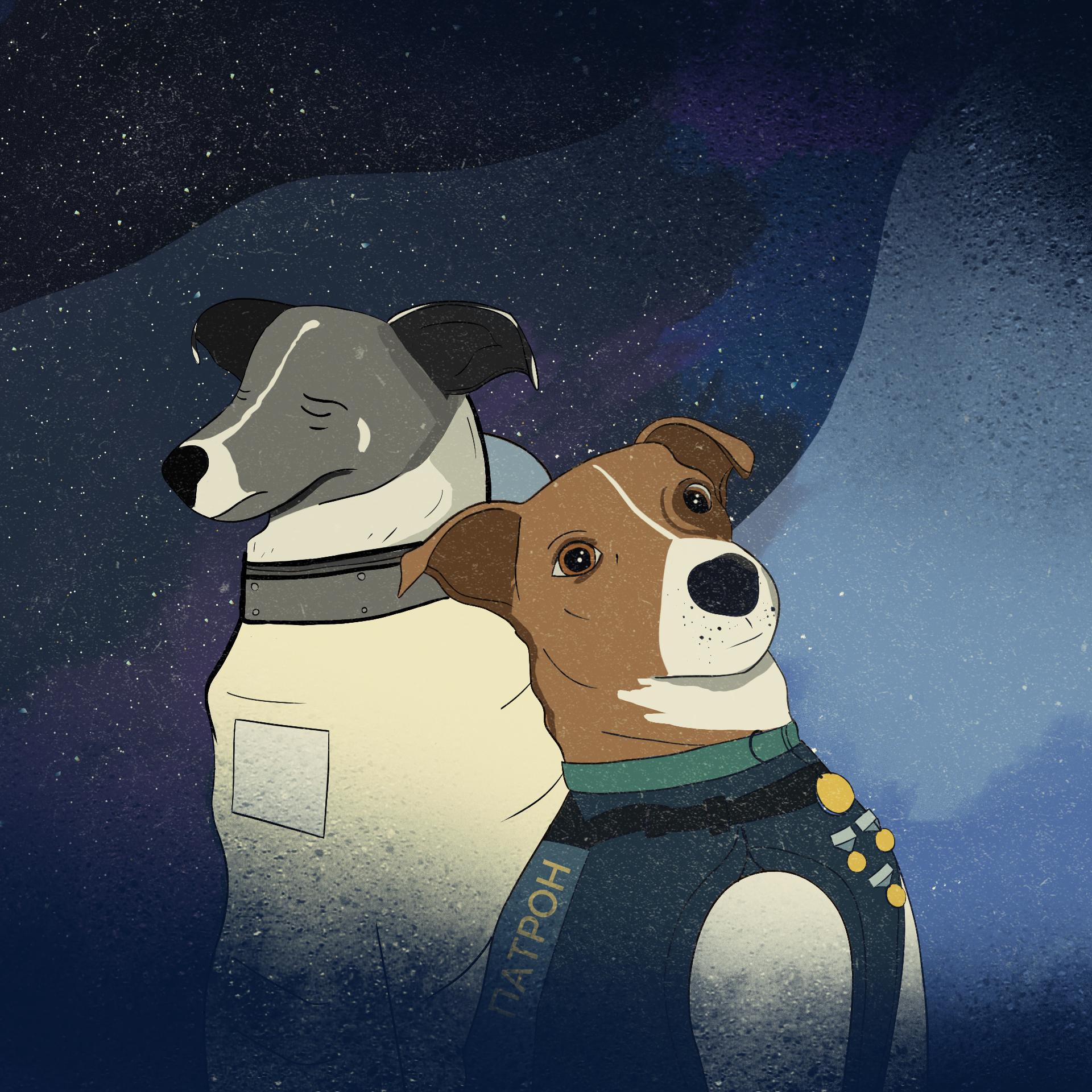 Ilustracja przedstawiająca psa o imieniu Patron/ (rasy Jack Russel Terrier) w kamizelce kuloodpornej, a na drugim planie suczkę Łajkę w skafandrze kosmicznym