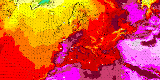 Mapa Eyropy w kolorach czerwieni i fioletów - pokazująca wysokie temperatury