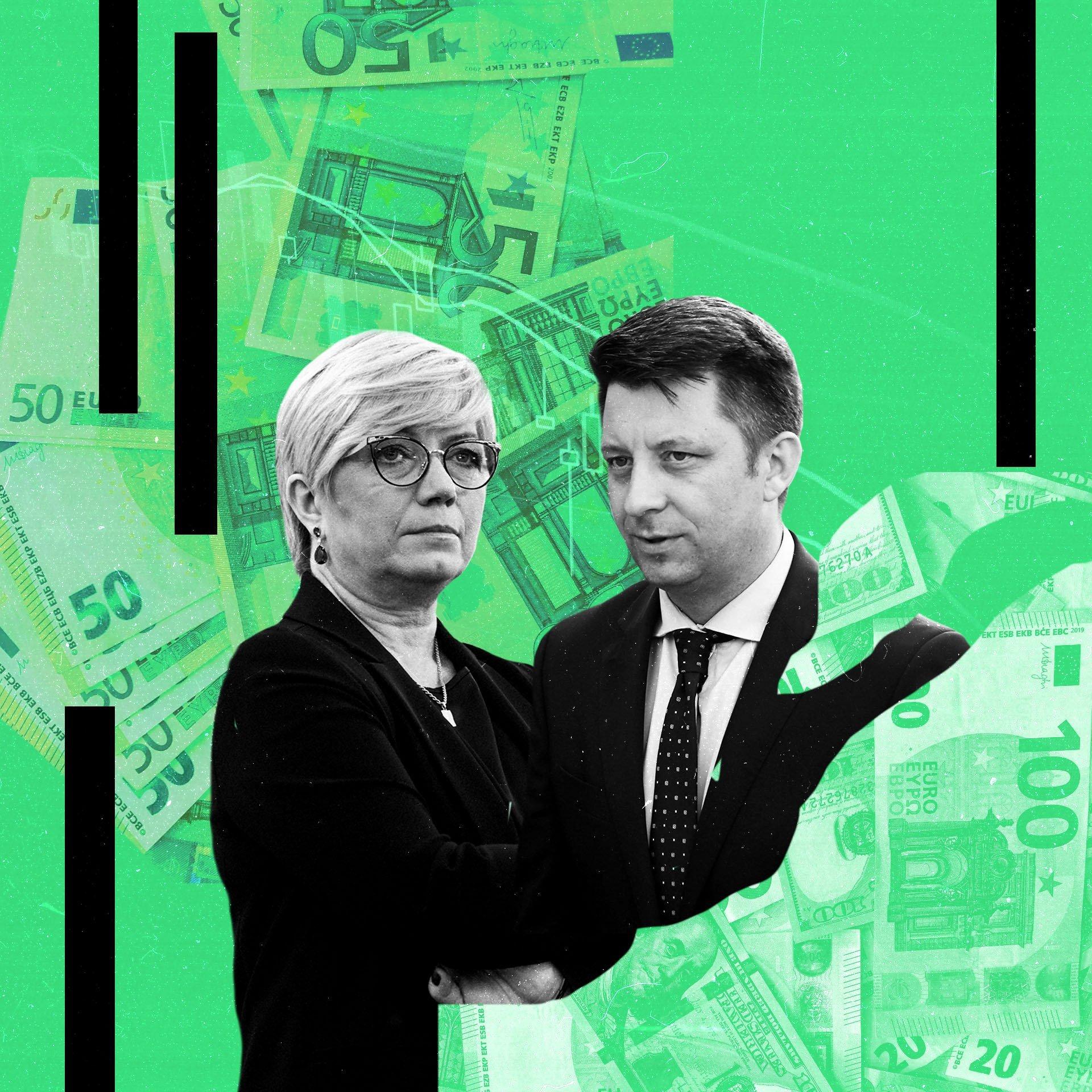 Kobieta i mężczyzna z pieniędzmi w tle