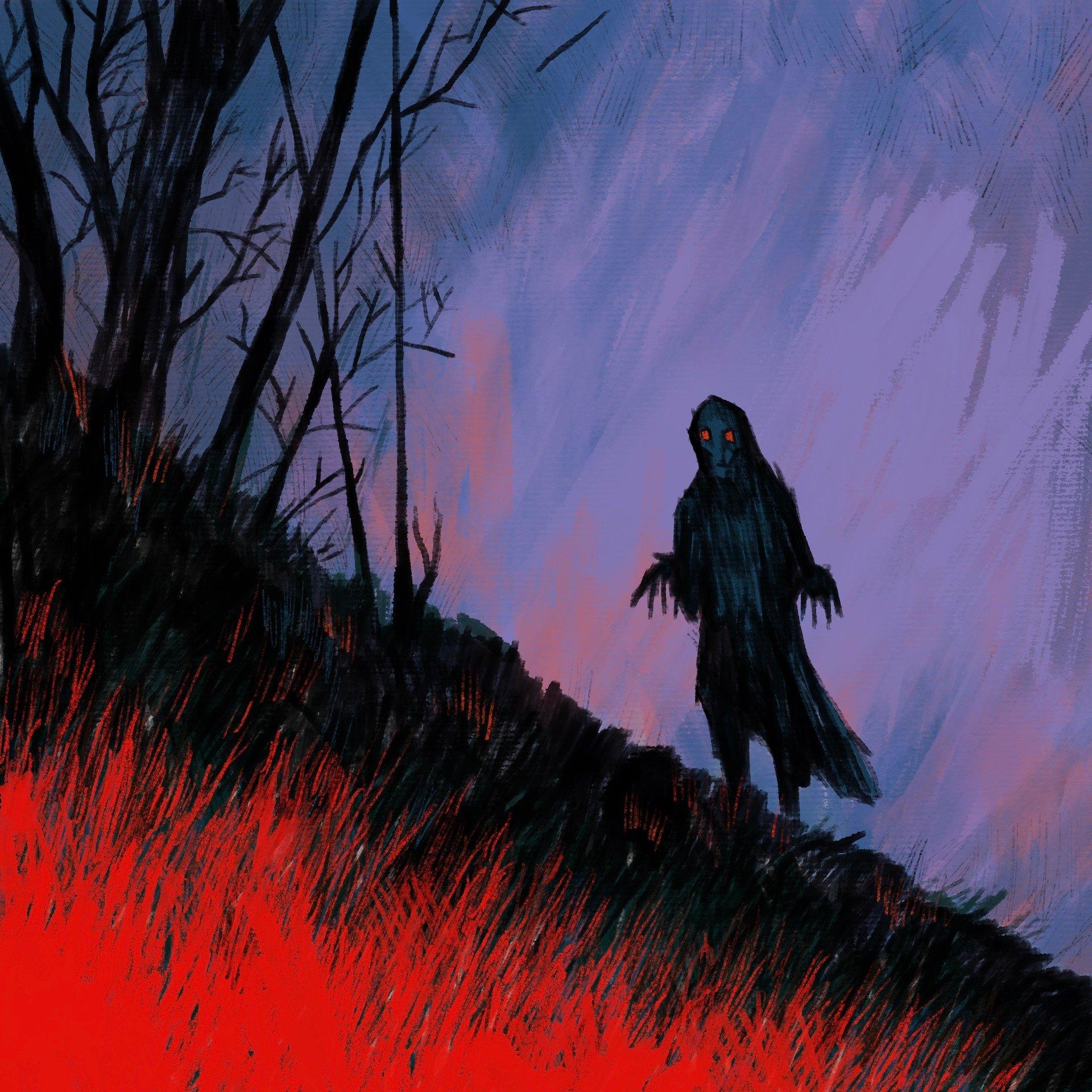 Rysunek, ciemna postać z rozwianym włosem w nocy wspina się po pochyłym stoku do lasu