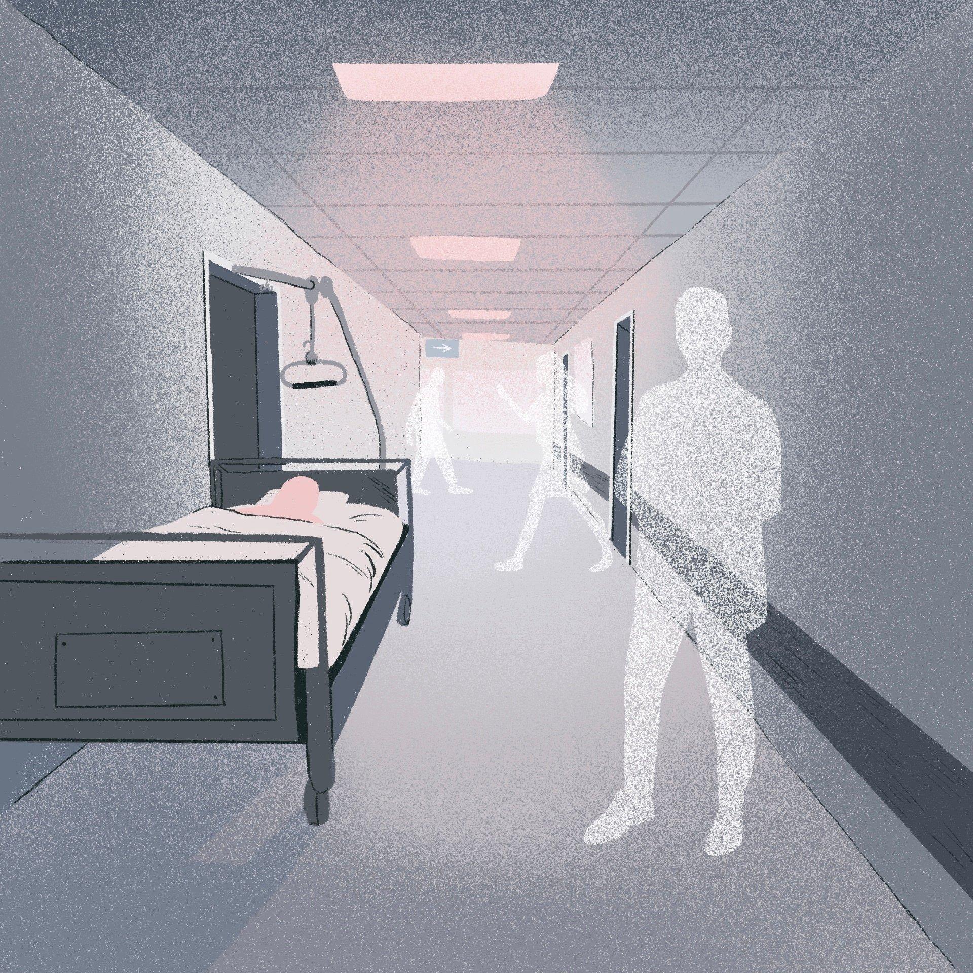 rysunek przedstawiający postacie i łóżko na szpitalnym korytarzu