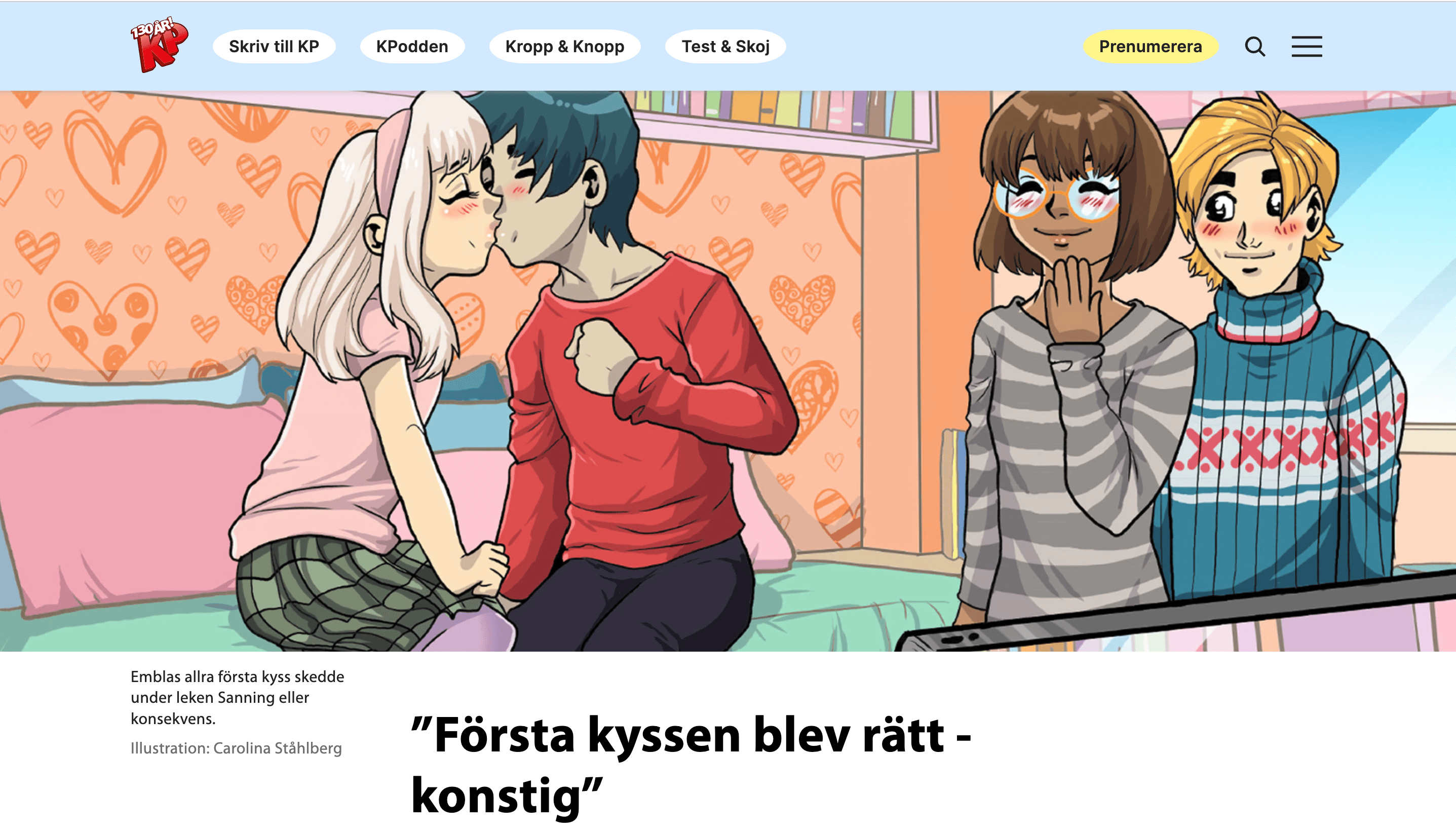 fragment szwedzkiej strony internetowej z rysunkiem całujących się nastolatków