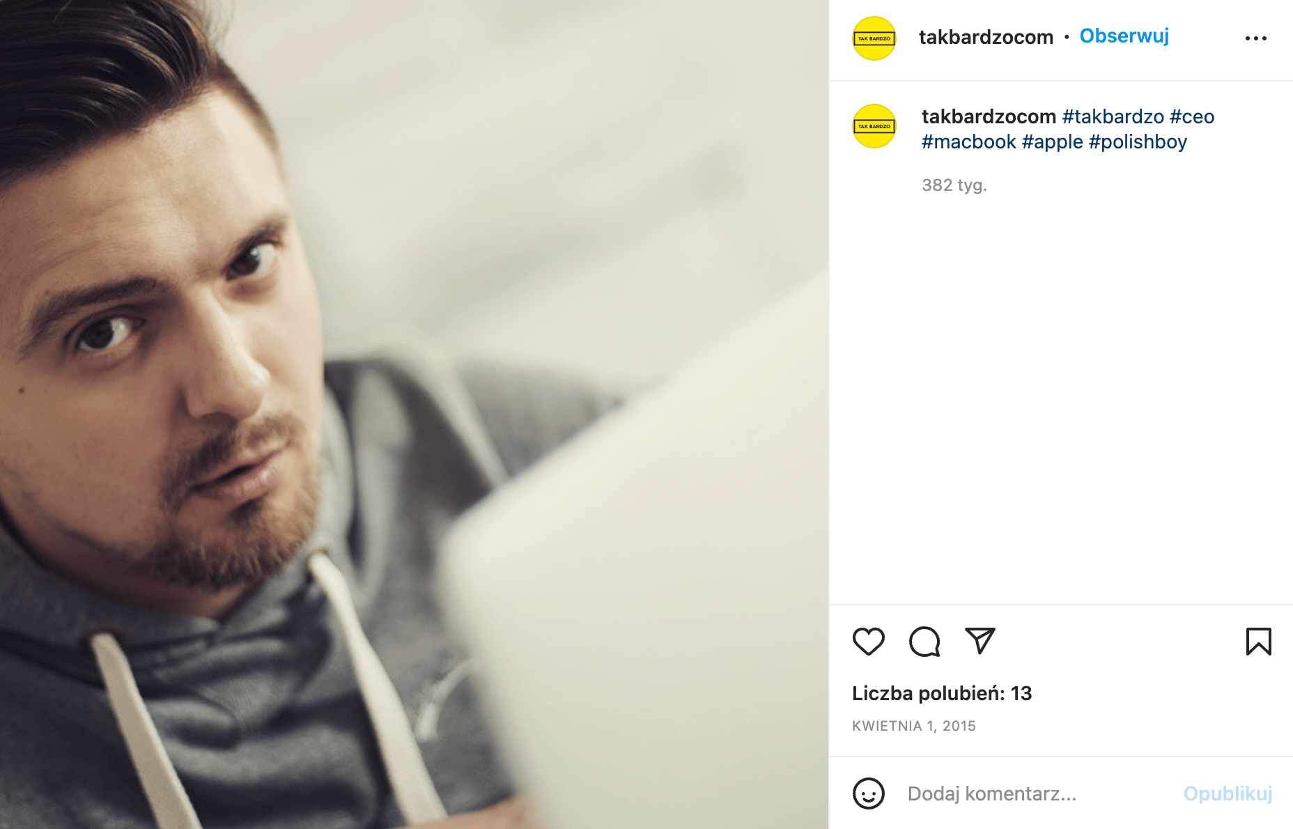 Piotr Pałka na instagramowym koncie agencji Tak Bardzo, która zrobiła kampanię Stop Russia Now