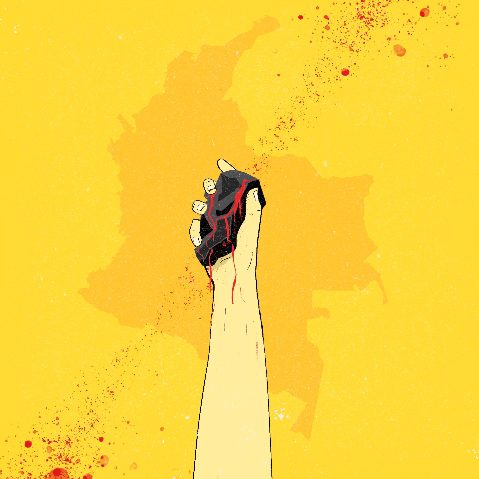 Ręka trzymająca bryłkę węgla opływającą krwią, w tle kontur Kolumbii