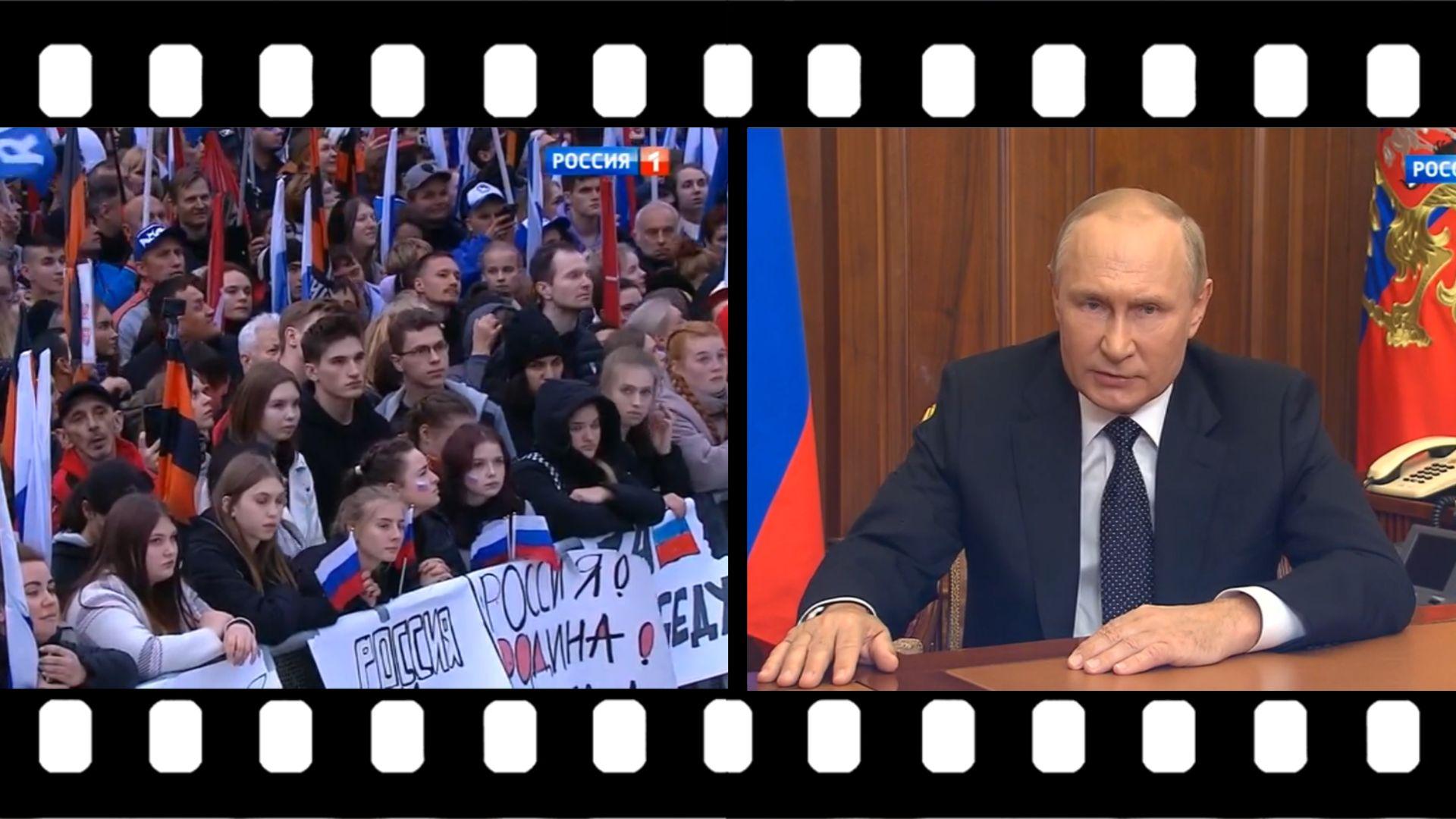 Zestawienie zdjęć: młodzi ludzie z flagami Rosji i Putin