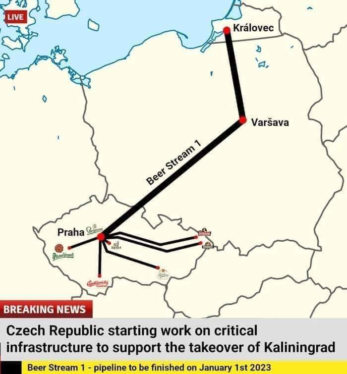 Mem z mapą Czech i Polski i kreską pokazującą, jak biegnie beerstream do Królewca