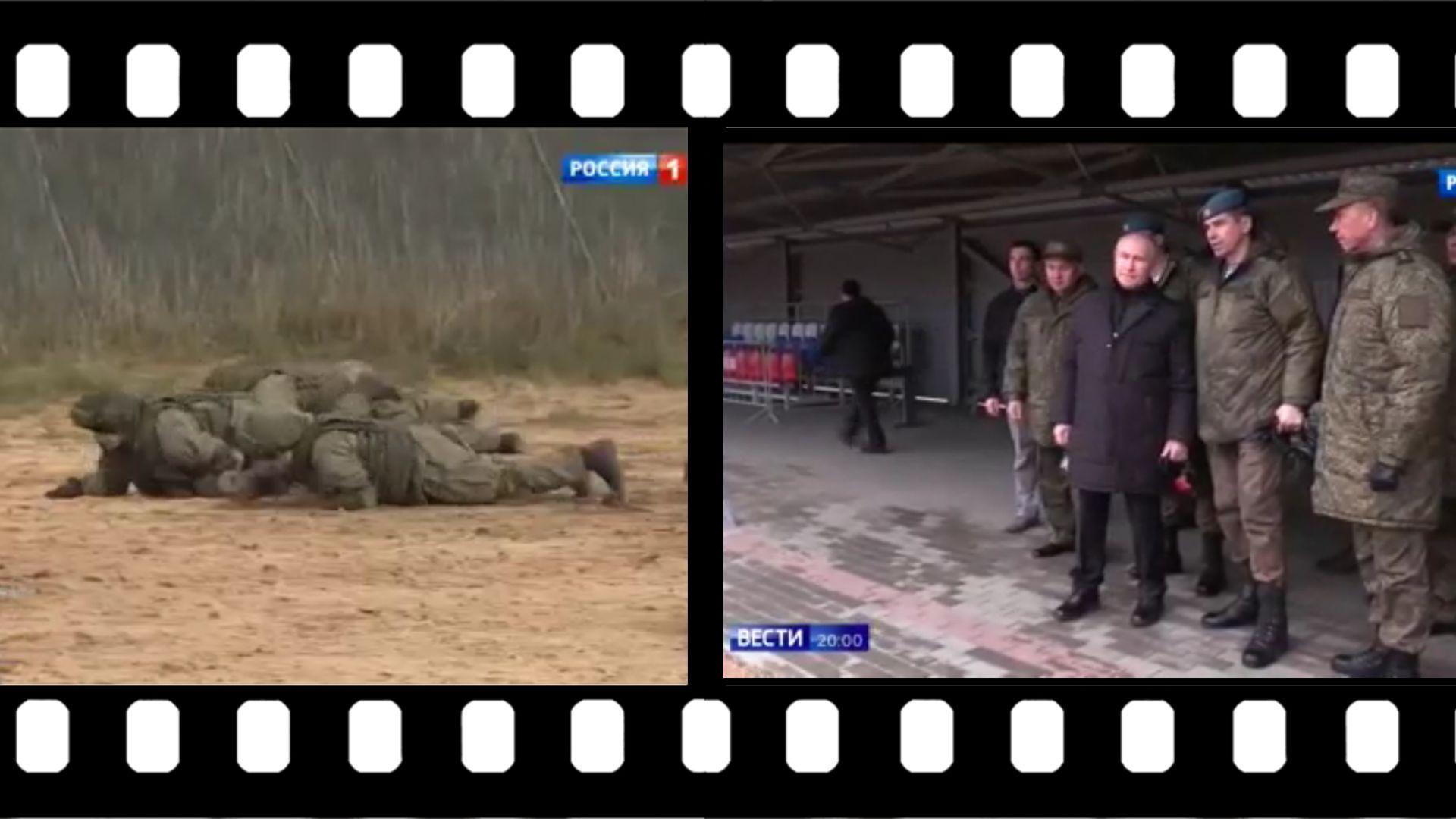 dwa zdjęcia: zolnierze czołgający sie na poligonie i przypatrujący się ćwiczeniom Putin