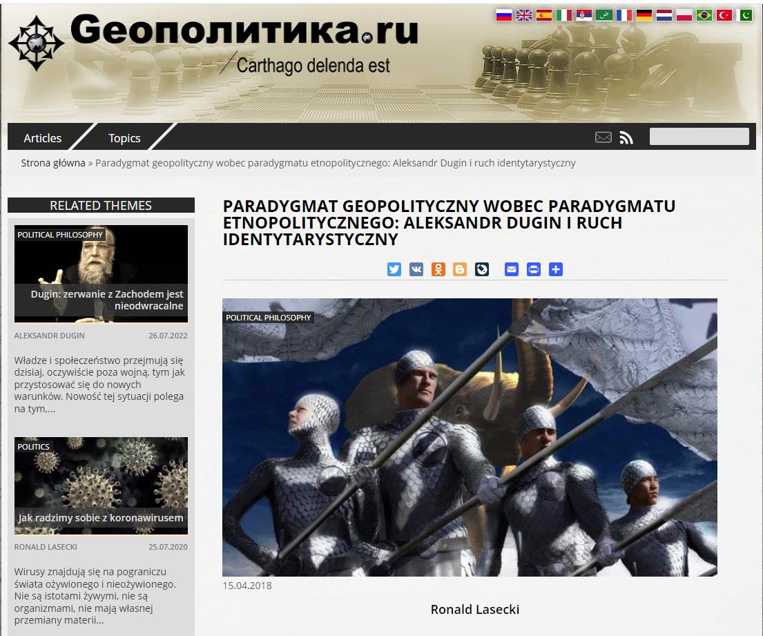 Zrzut ekranu geopolitica.ru. Widać artykuł autorstwa Ronalda Laseckiego