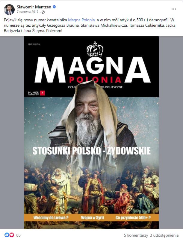 Screen ekranu z konta Sławomira Mentzena na Facebooku. Widac okłądkę czasopisma Magna Polonia z napisem stosunki polsko-żydowskie