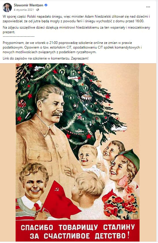 Zrzut ekranu z konta Sławomira Mentzena na Facebooku. załączona ilustracja przedstawia Józefa Stalina z dziećmi przy choince świątecznej.
