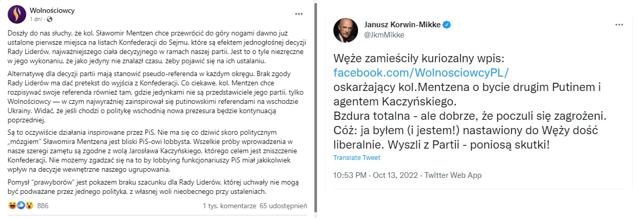 Zrzuty ekranu z profilu partii Wolnościowcy oraz profilu Janusza Korwin-Mikkego na Twitterze