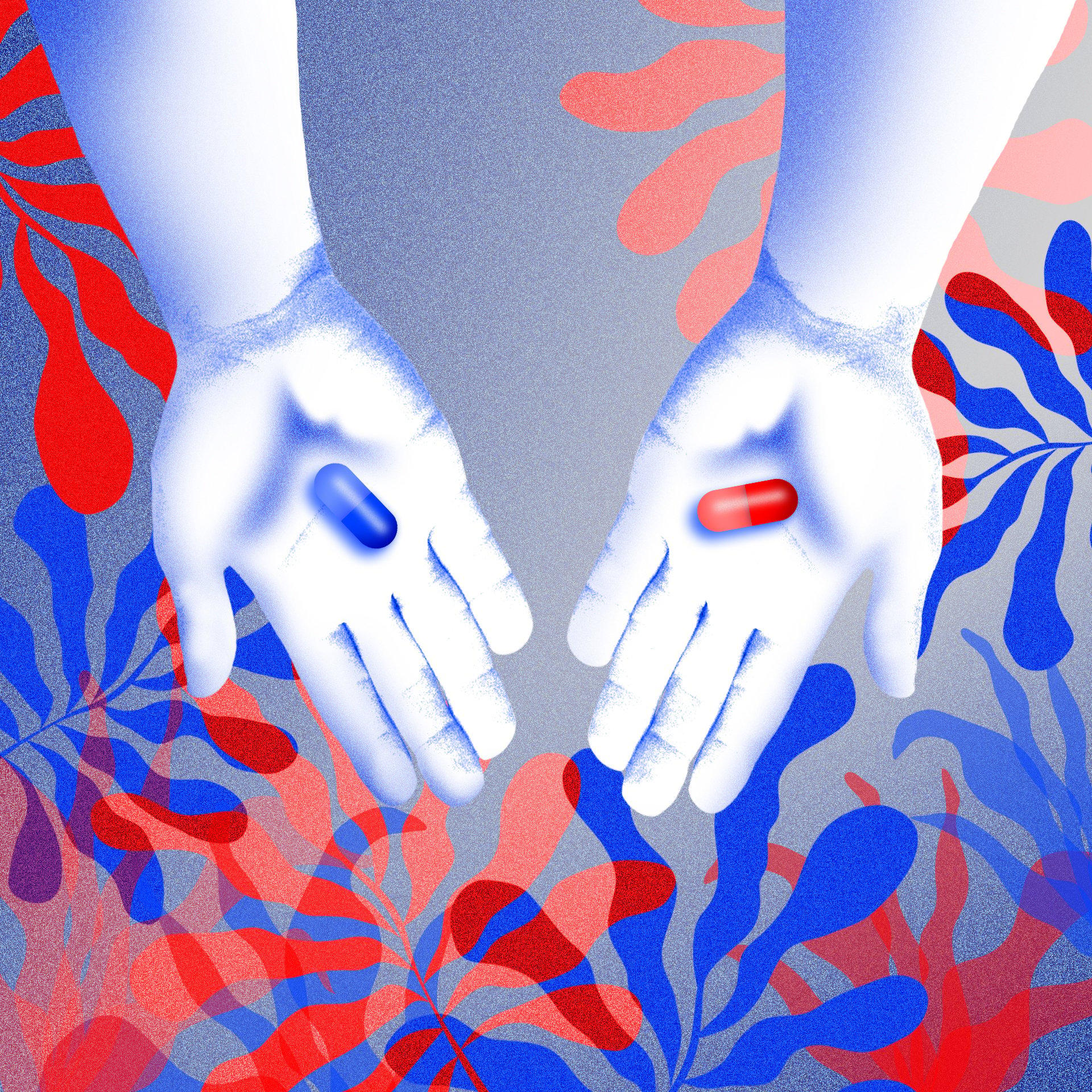 dwie dłonie, na których leżą pigułki: czerwona i niebieska