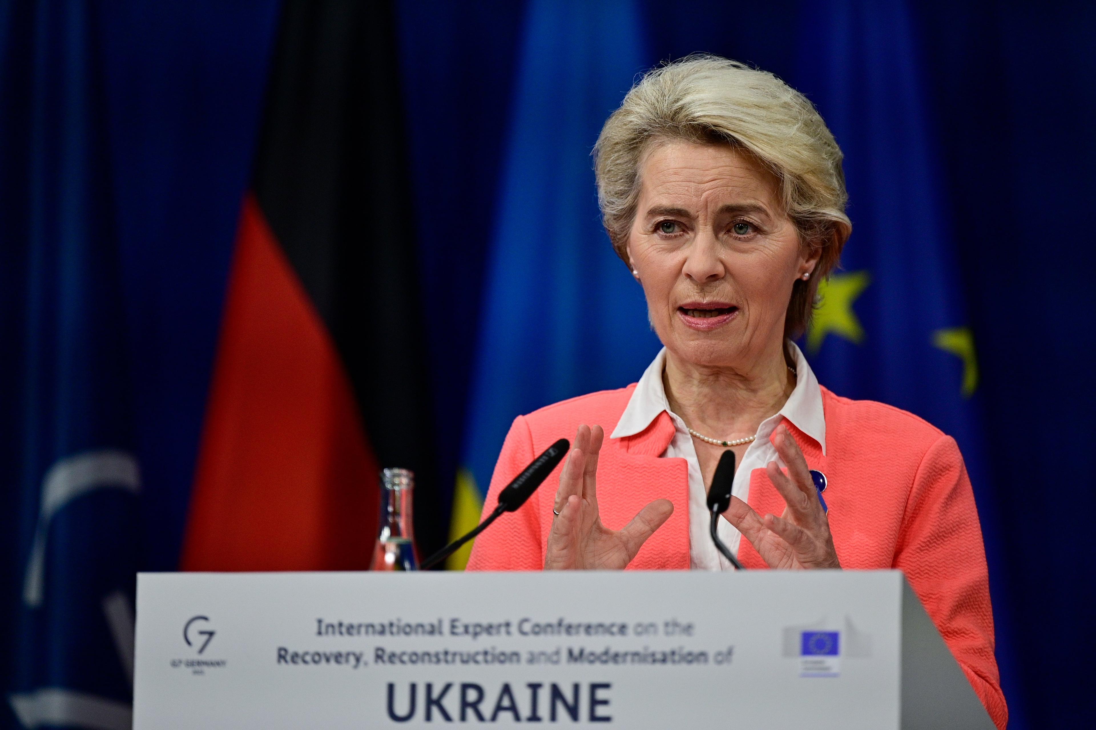 President of the European Commission Ursula von der Leyen addresses a press conference during the International Expert Conference on the Recovery, Reconstruction and Modernisation of Ukraine in Berlin on October 25, 2022. (Photo by John MACDOUGALL / AFP)
