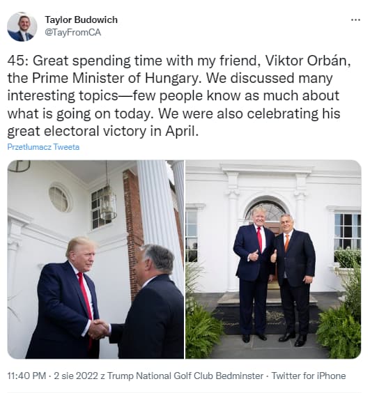 Zrzut ekranu tweeta ze zdjęciami Orbana i Trumpa
