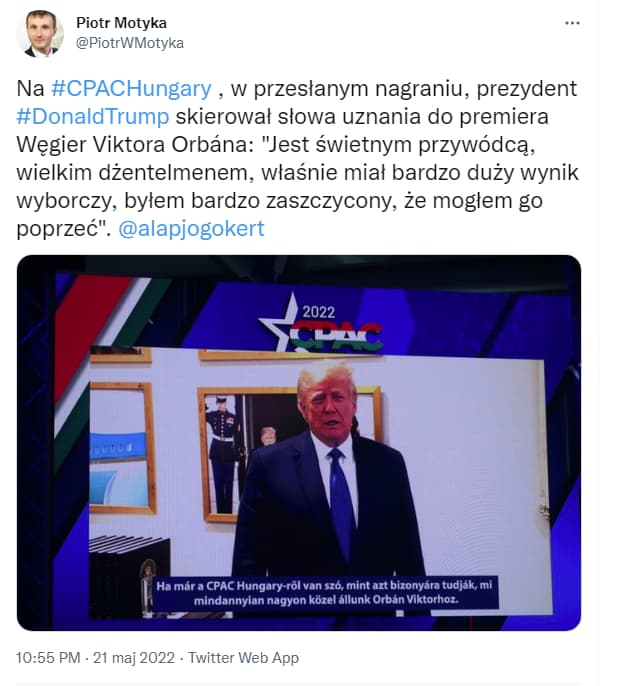 Zrzut ekranu z cytatem z wypowiedzi Victora Orbana na konferencji CPAC Hungary