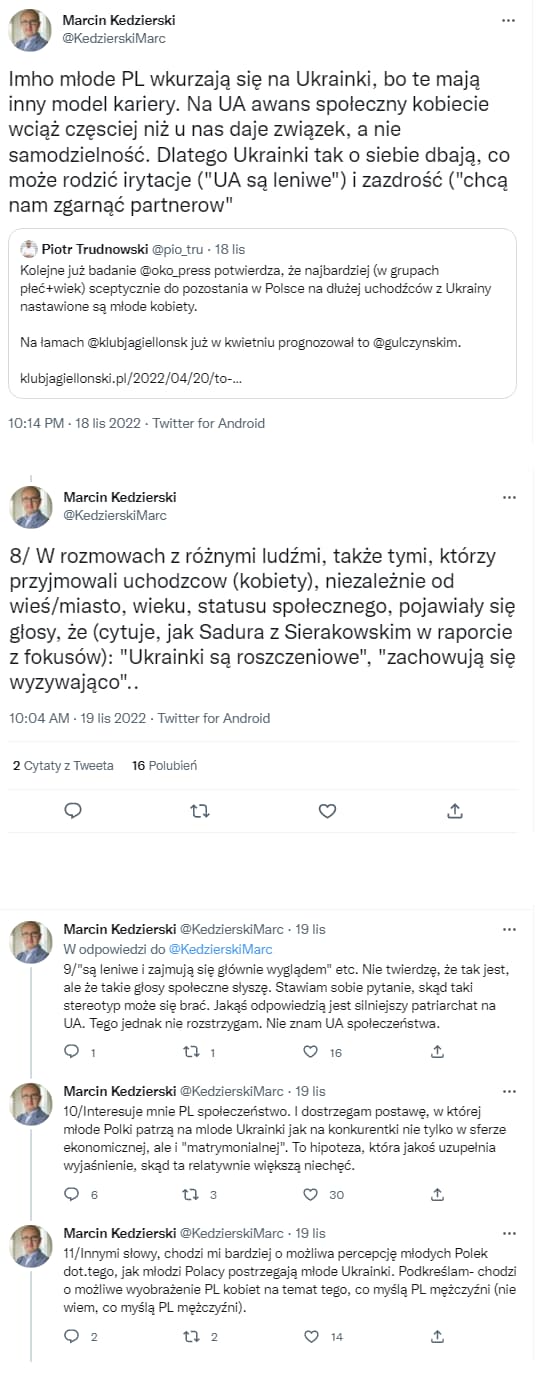 Zrzut ekranu z wpisów Marcina Kędzierskiego na Twitterze