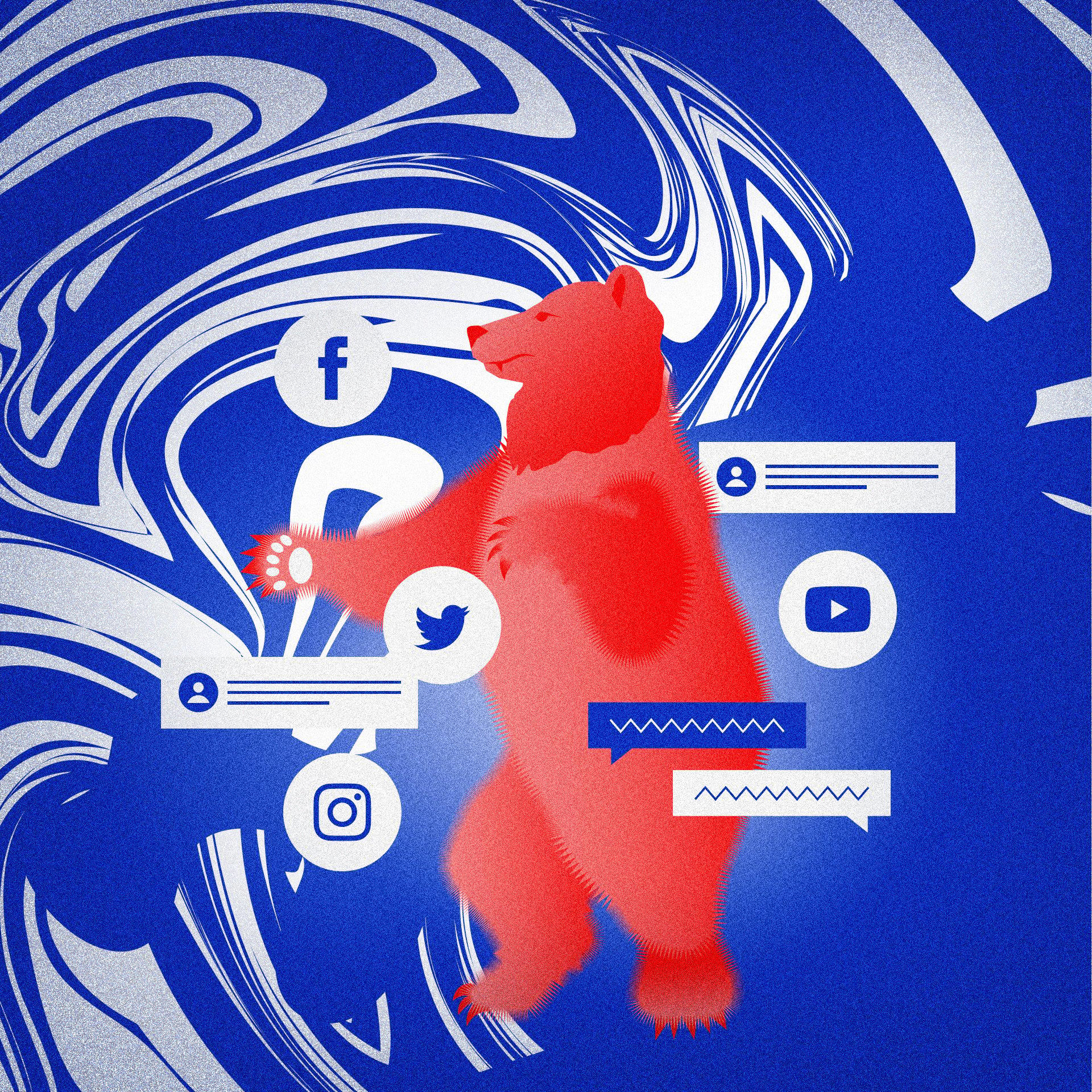 Rysunek przedstawia czerwonego niedżwiedzia na tle symboli mediów społecznościowych